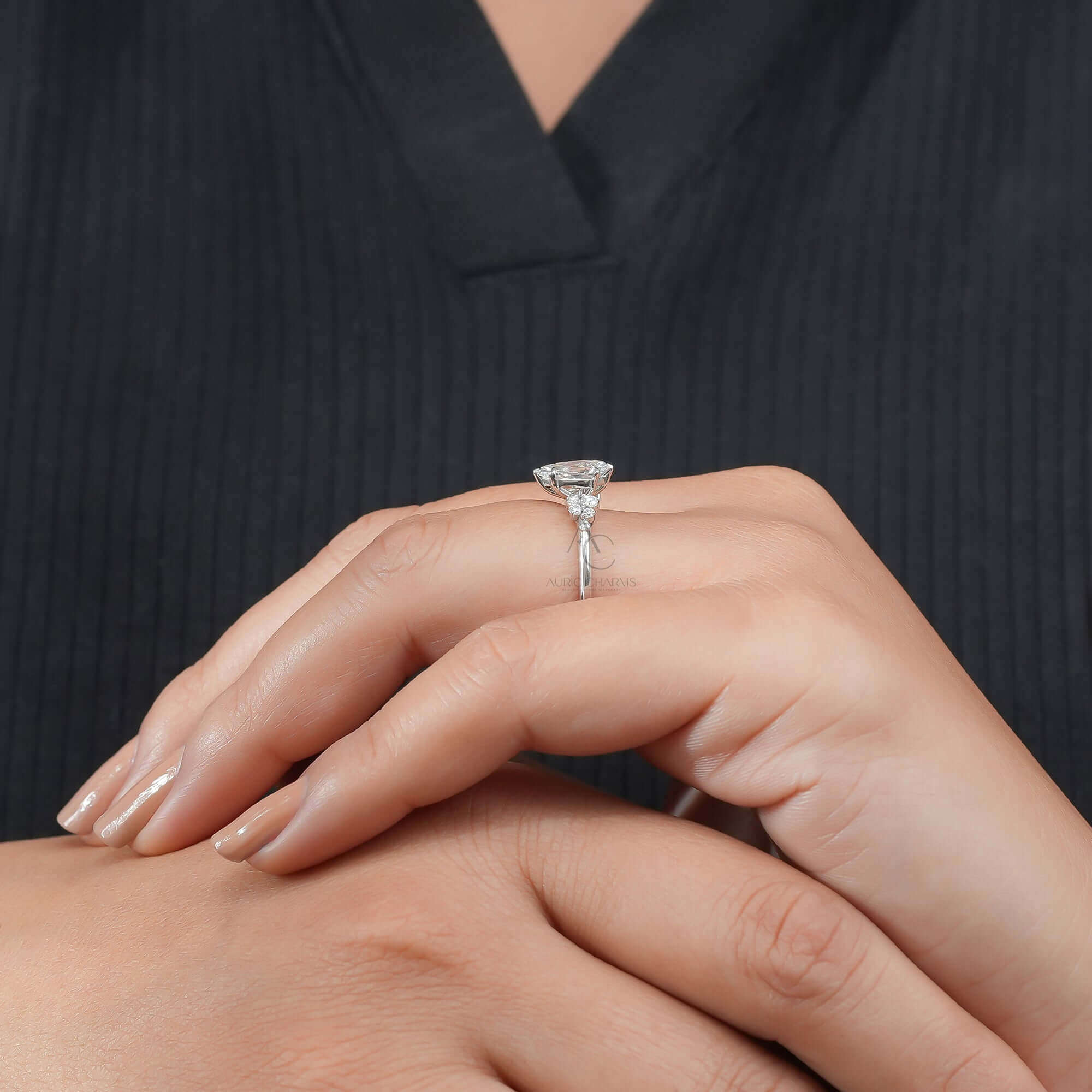 Elaria Pear Cut Diamond Ring with Side Accents