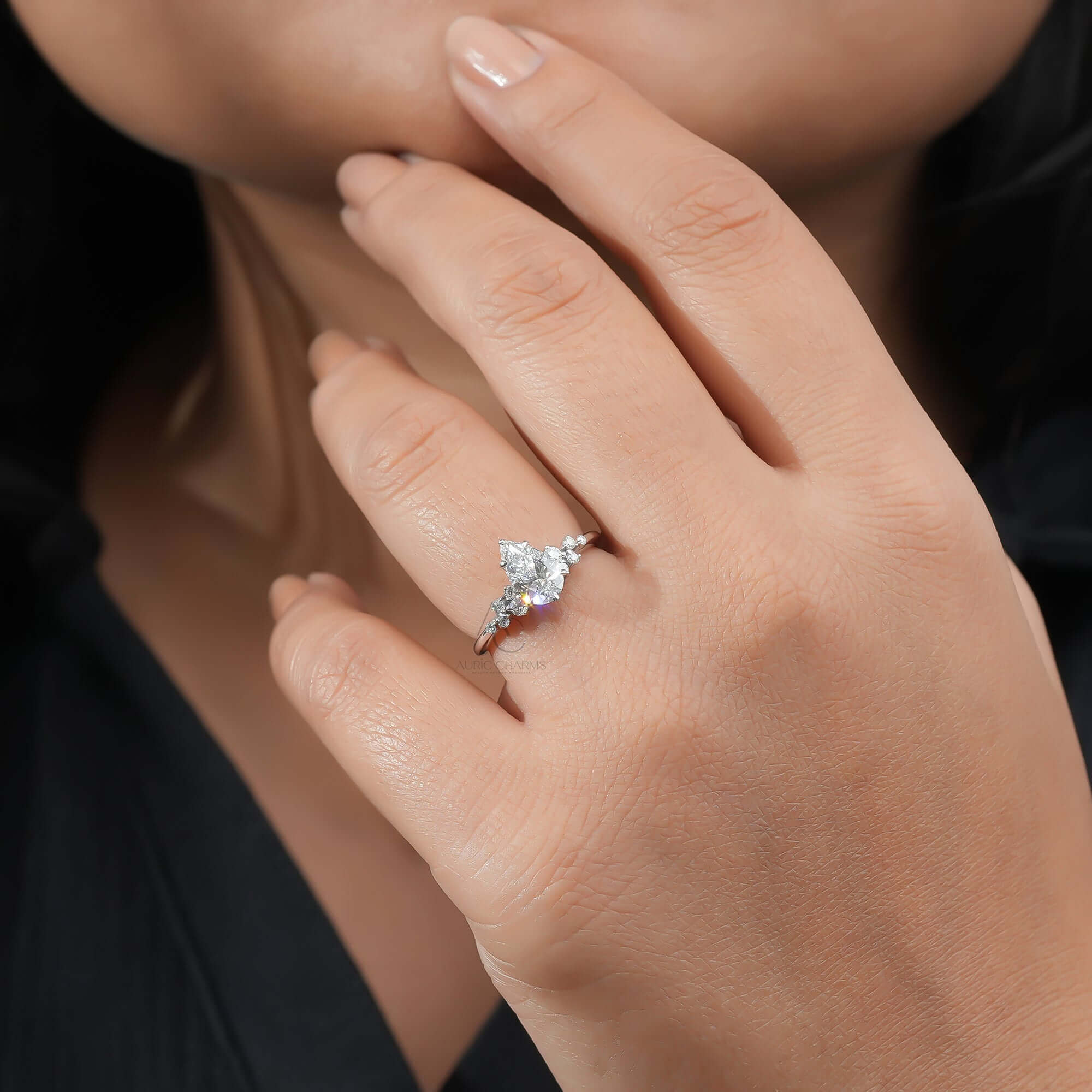 Elaria Pear Cut Diamond Ring with Side Accents