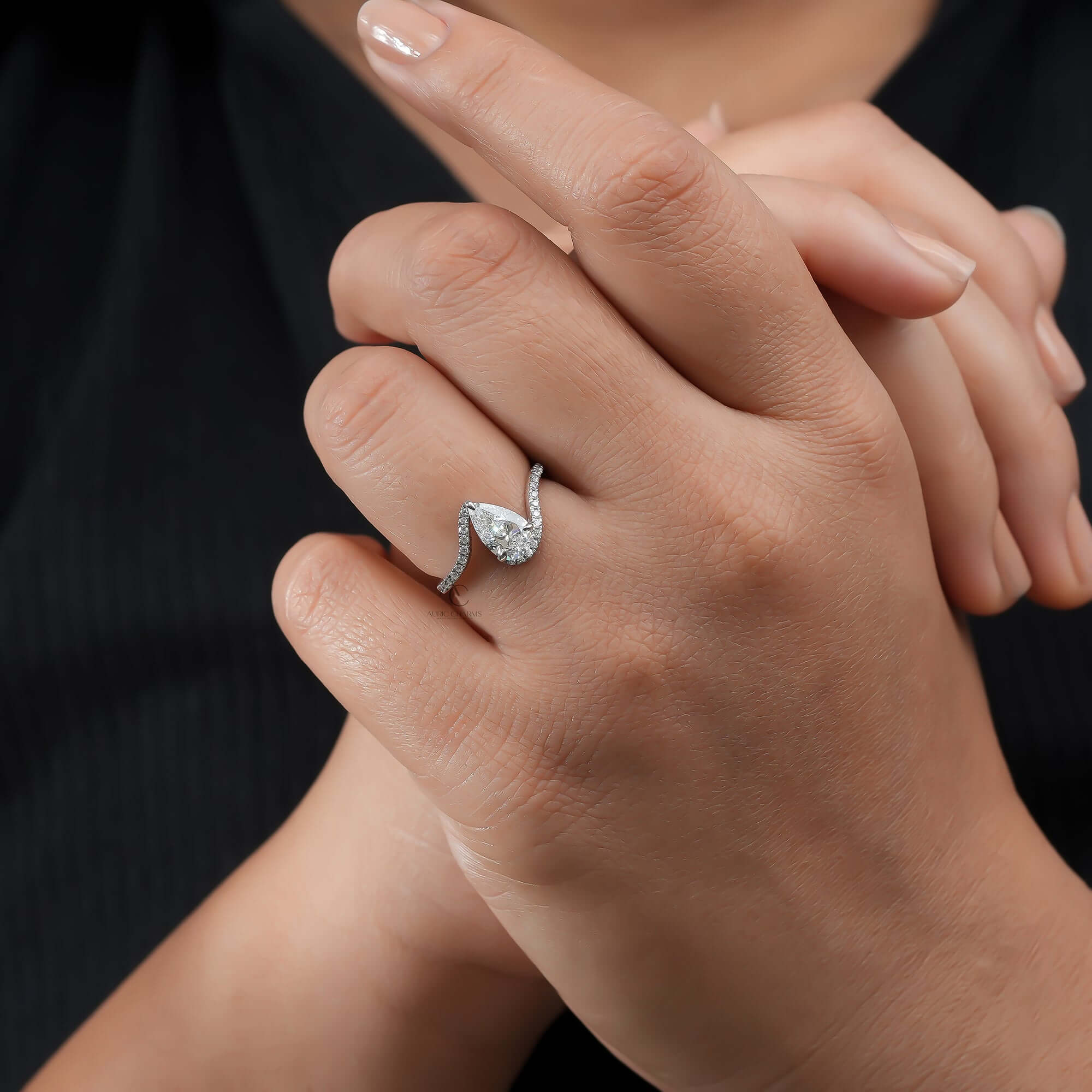 Celestia Pear Bypass Pave Diamond Ring