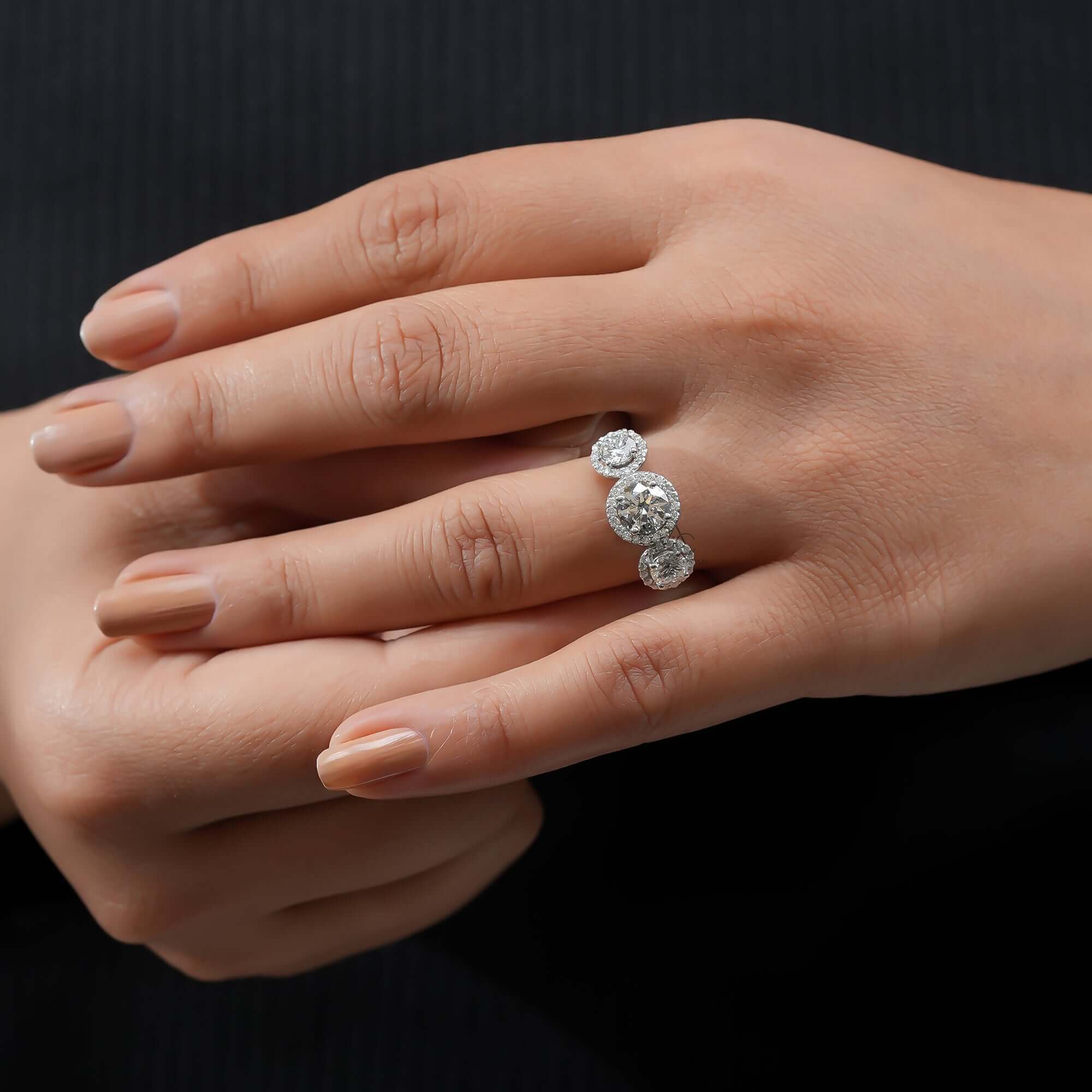 Monroe Three-Stone Halo Diamond Engagement Ring