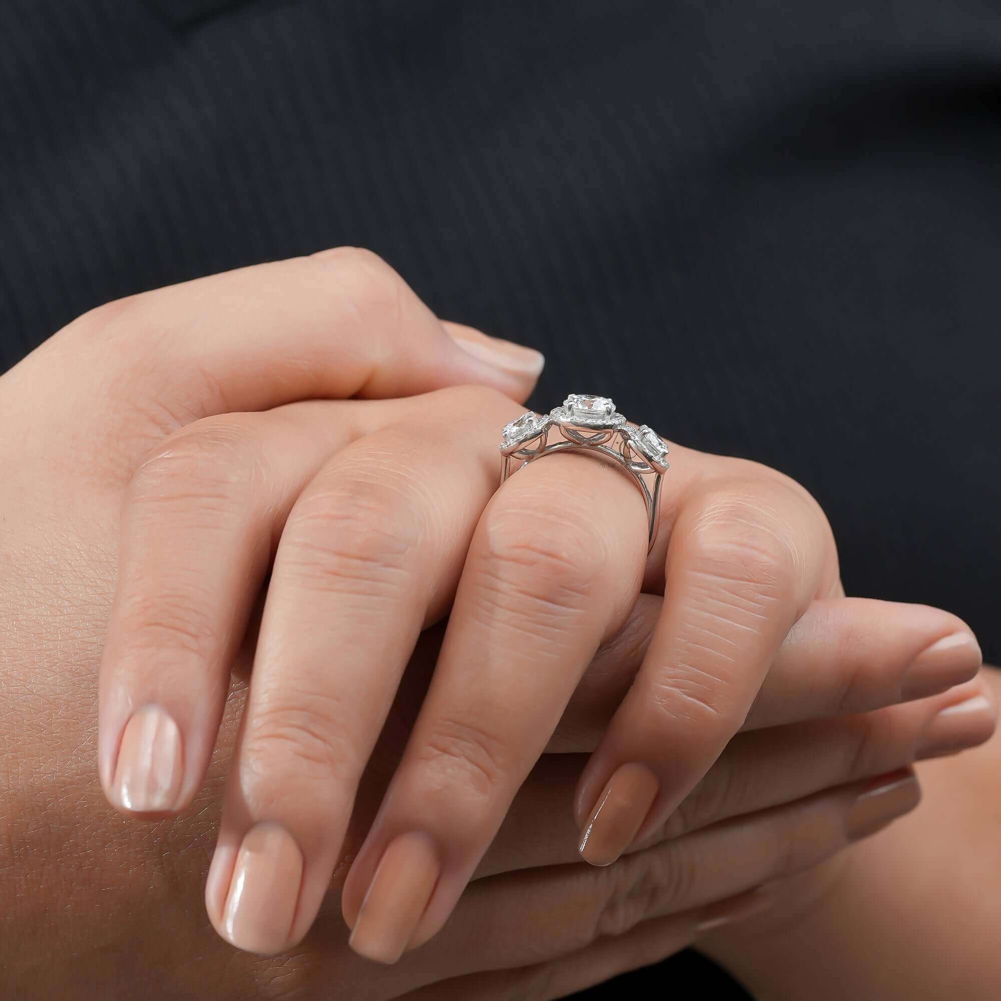 Monroe Three-Stone Halo Diamond Engagement Ring