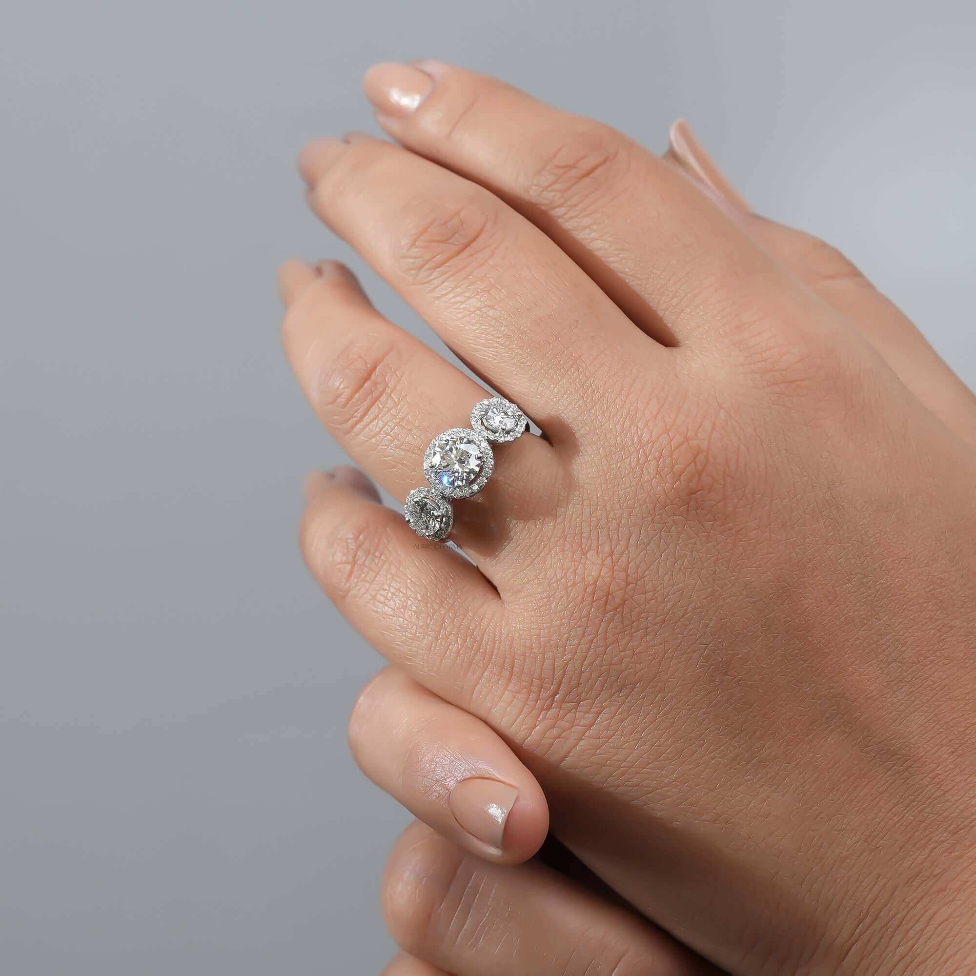 Monroe Three-Stone Halo Diamond Engagement Ring