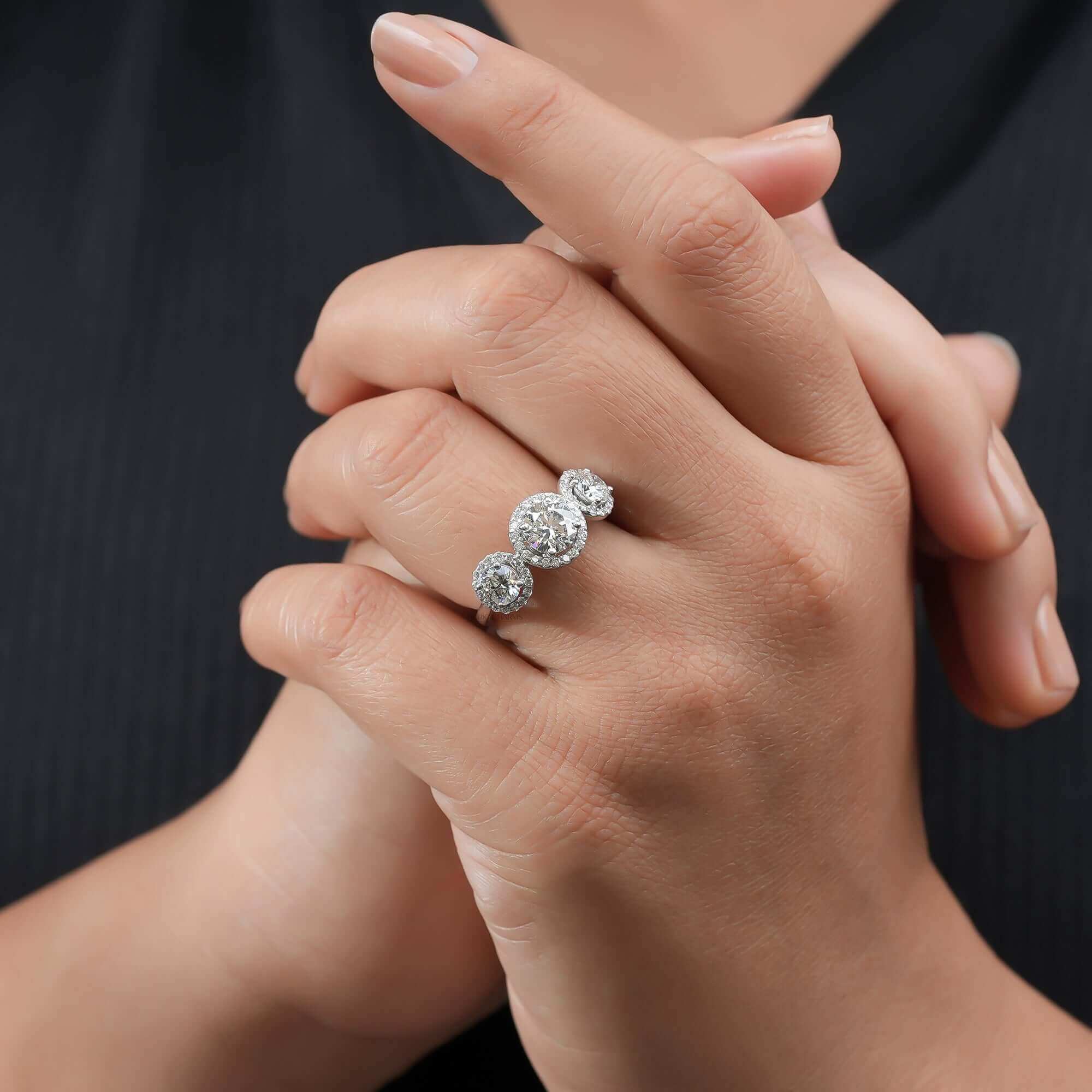 Monroe Three-Stone Halo Diamond Engagement Ring