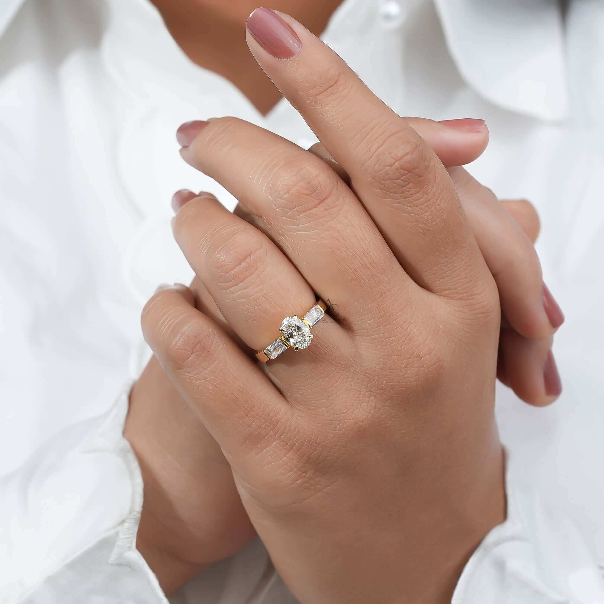 Elowen Oval Three-Stone Baguette Ring