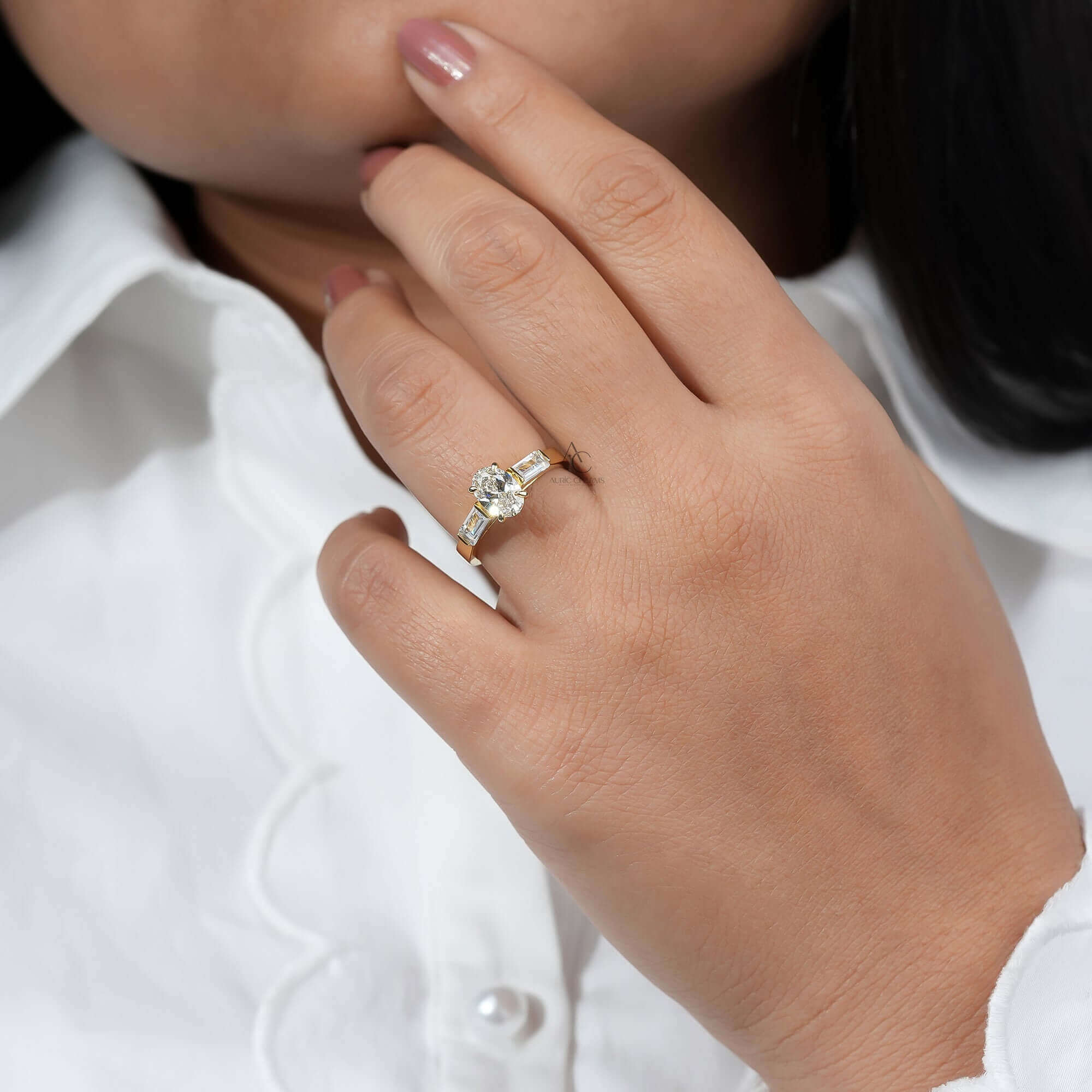 Elowen Oval Three-Stone Baguette Ring