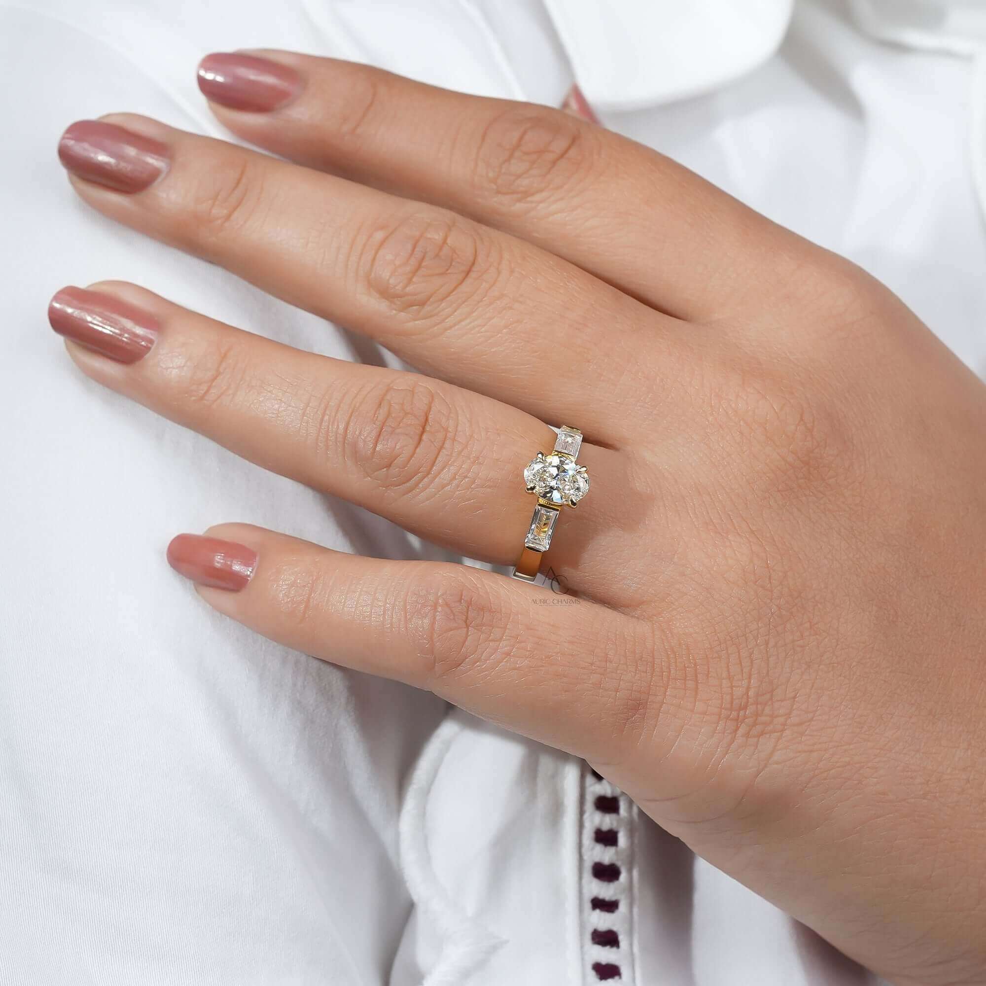 Elowen Oval Three-Stone Baguette Ring