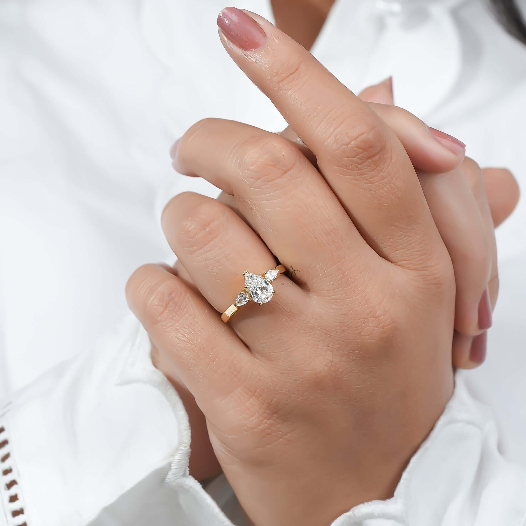 Liora Three-Stone Pear Diamond Ring in Yellow Gold