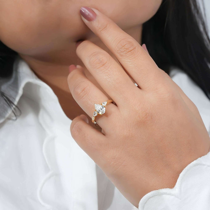 Liora Three-Stone Pear Diamond Ring in Yellow Gold