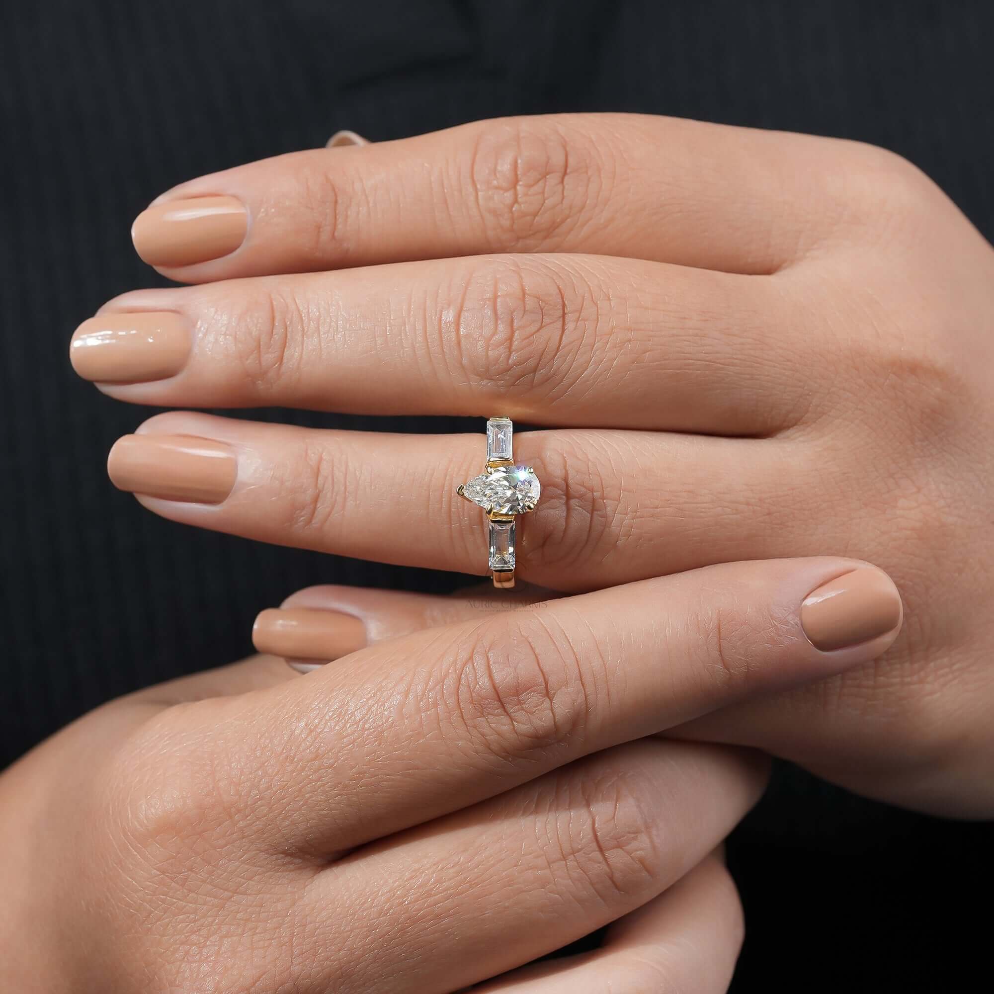Élise Pear & Baguette Lab Diamond Ring – Three Stone