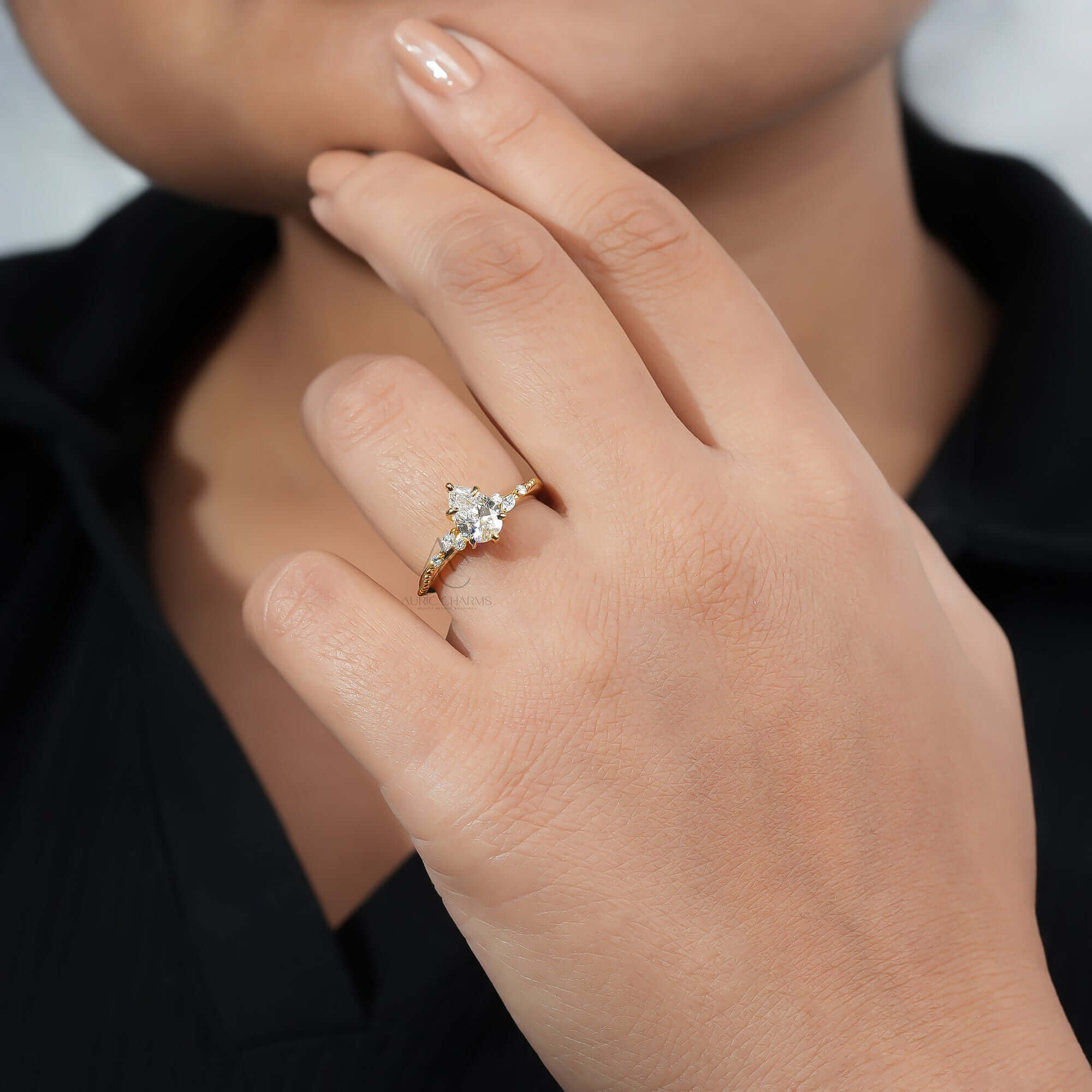 Aurielle Pear Cut Diamond Ring With Side Accents