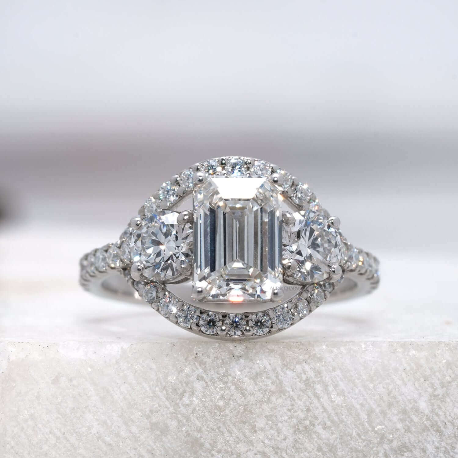 Monroe Emerald Split Shank Three-Stone Diamond Ring