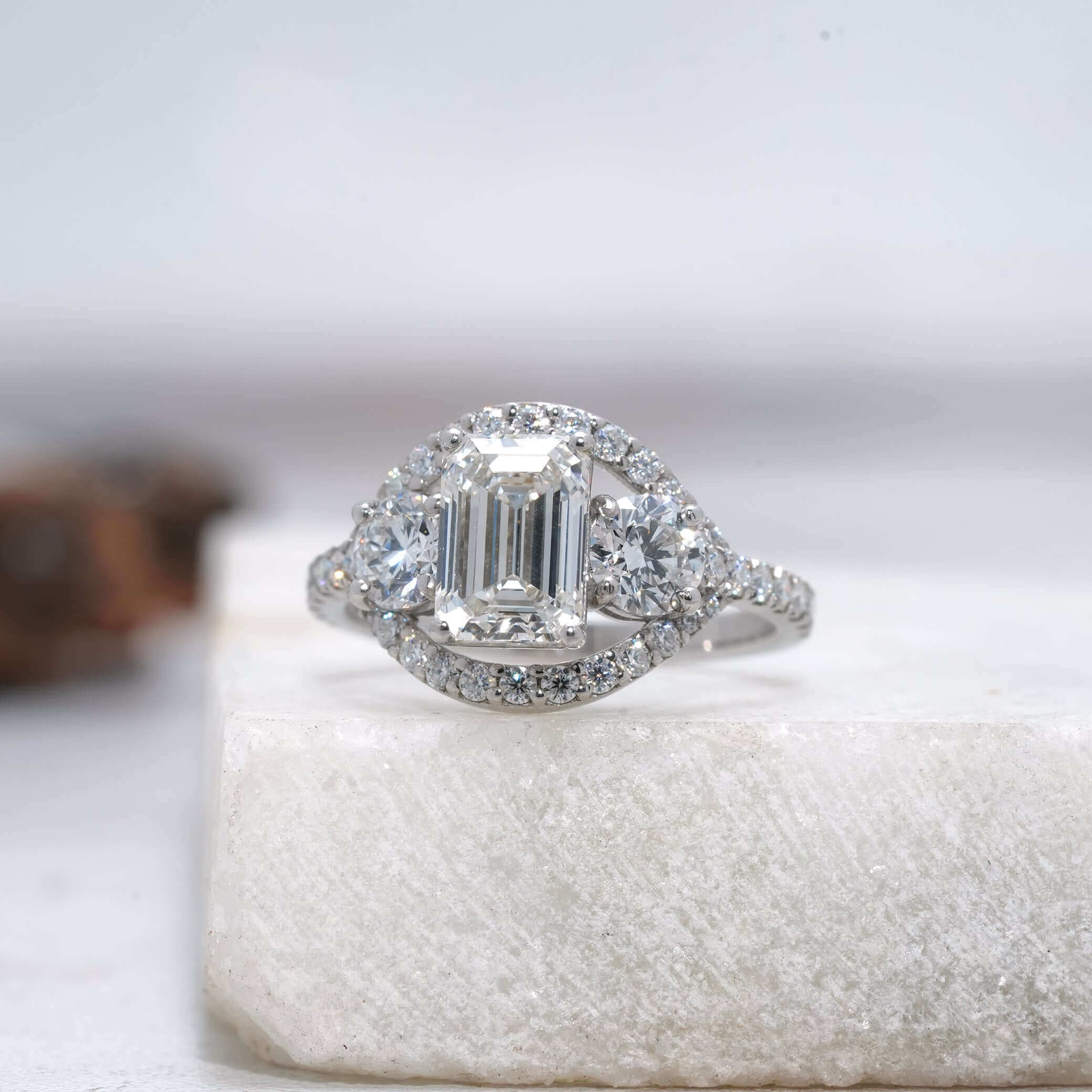 Monroe Emerald Split Shank Three-Stone Diamond Ring