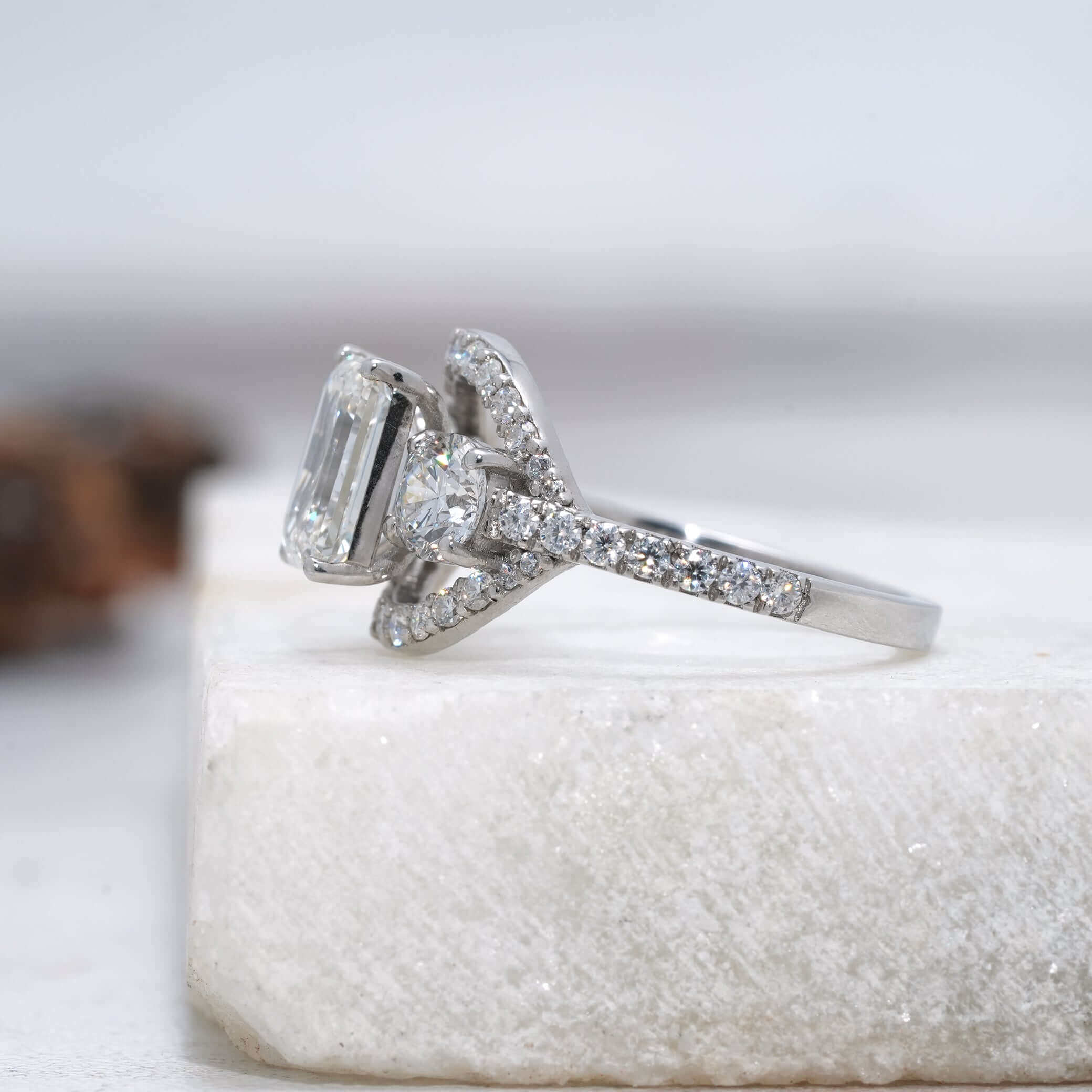 Monroe Emerald Split Shank Three-Stone Diamond Ring