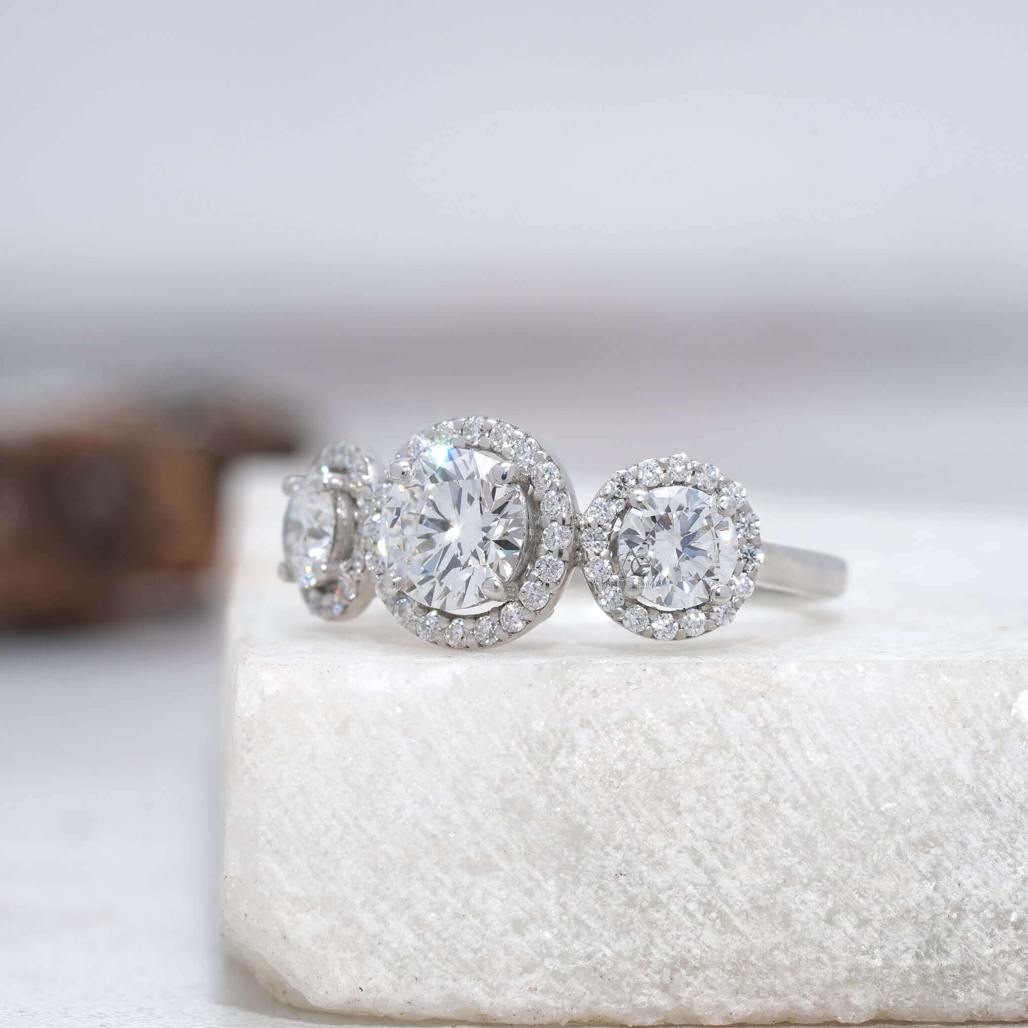 Monroe Three-Stone Halo Diamond Engagement Ring