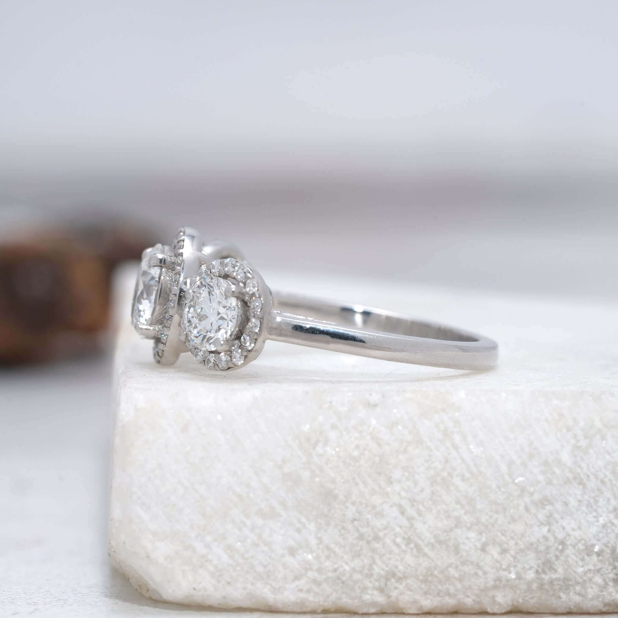 Monroe Three-Stone Halo Diamond Engagement Ring