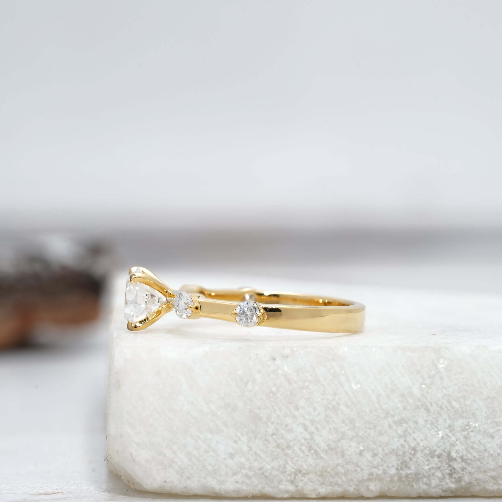 Side view of a round-cut diamond ring showcasing intricate details on the white gold band.