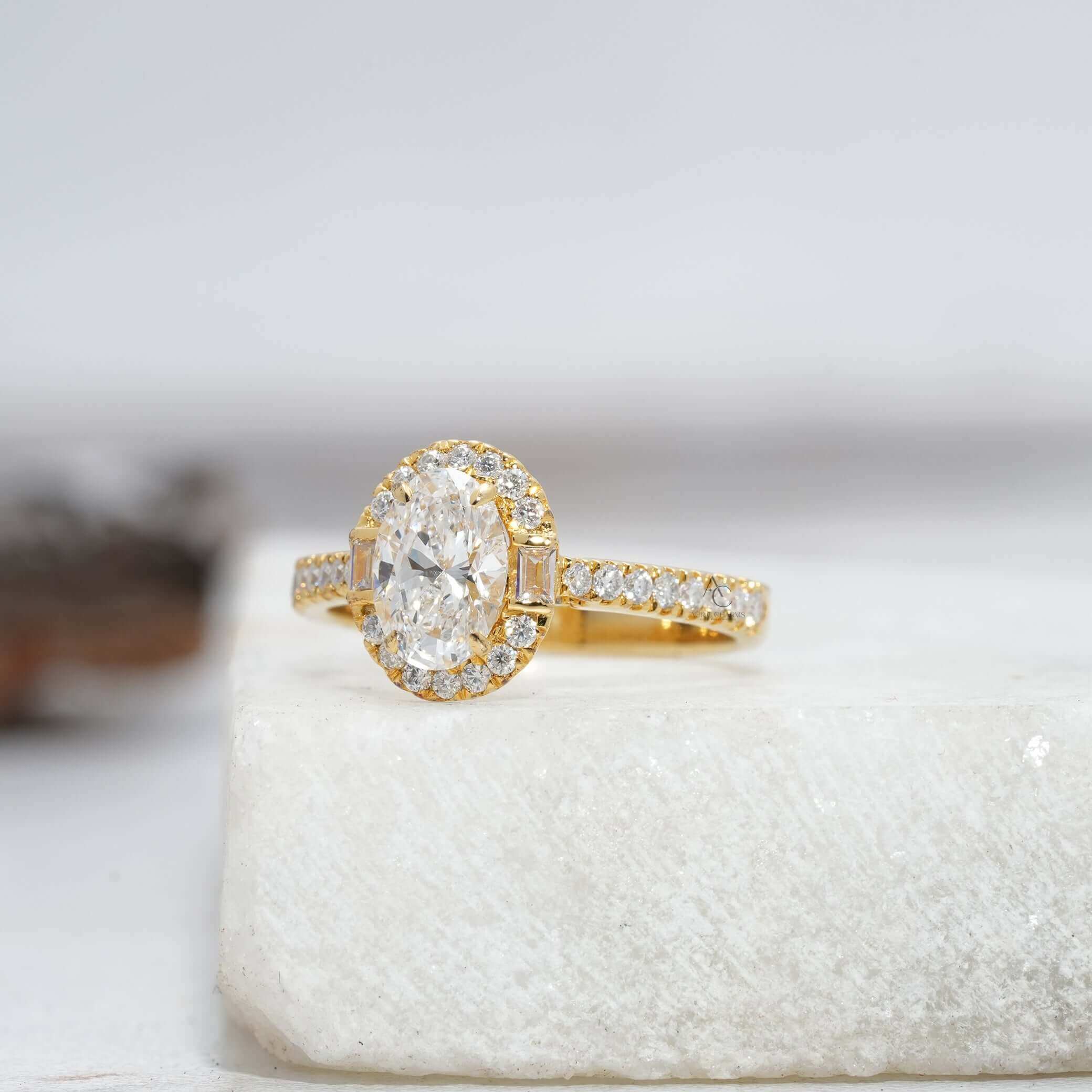 Side view of oval diamond ring with halo and pave setting.