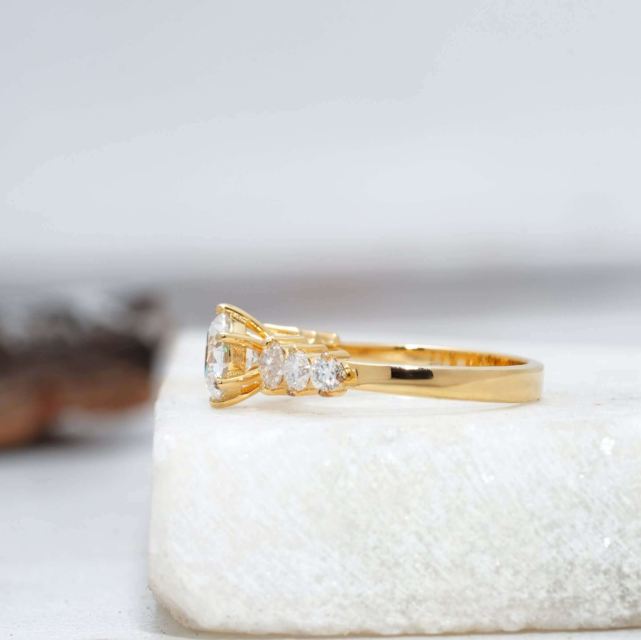 Close-up of a shimmering diamond ring showcasing round-cut diamonds on a classic band.