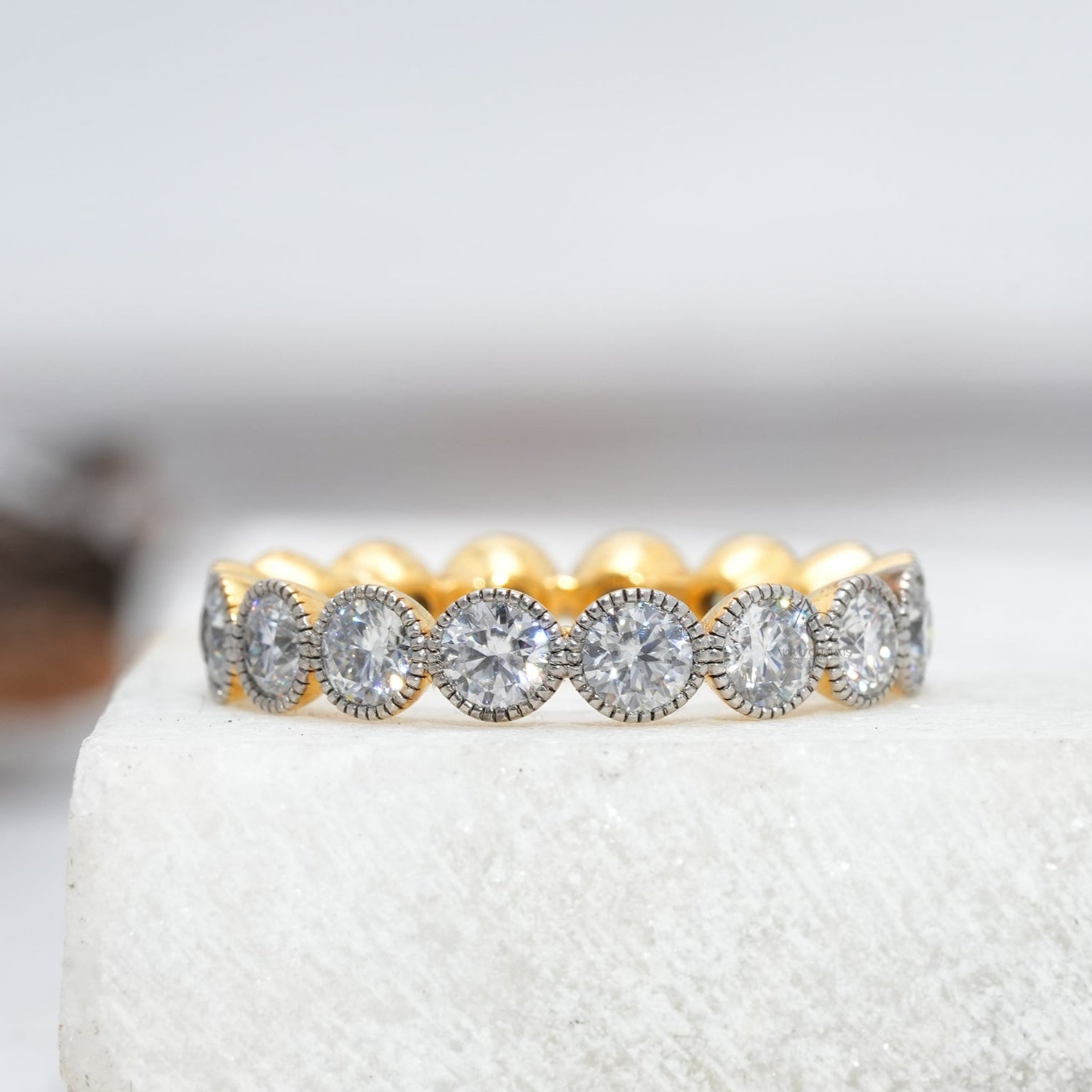 Monroe Round Cut Half Eternity Ring featuring lab-grown diamonds in a luxurious gold band, perfect for gifting.
