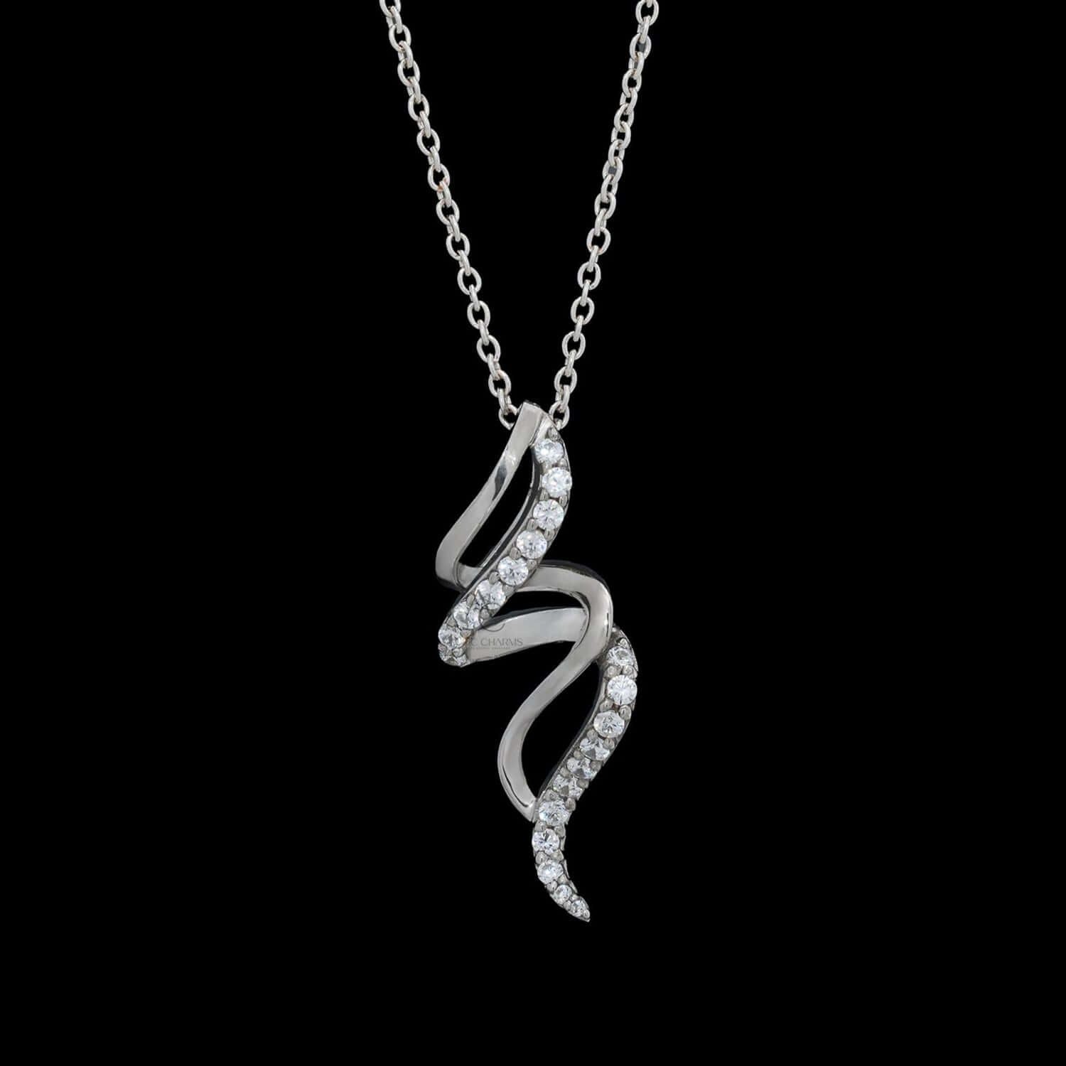 A captivating Curved Spiral Diamond Pendant Necklace, showcasing lab-grown diamonds in a graceful design, worn on neck.