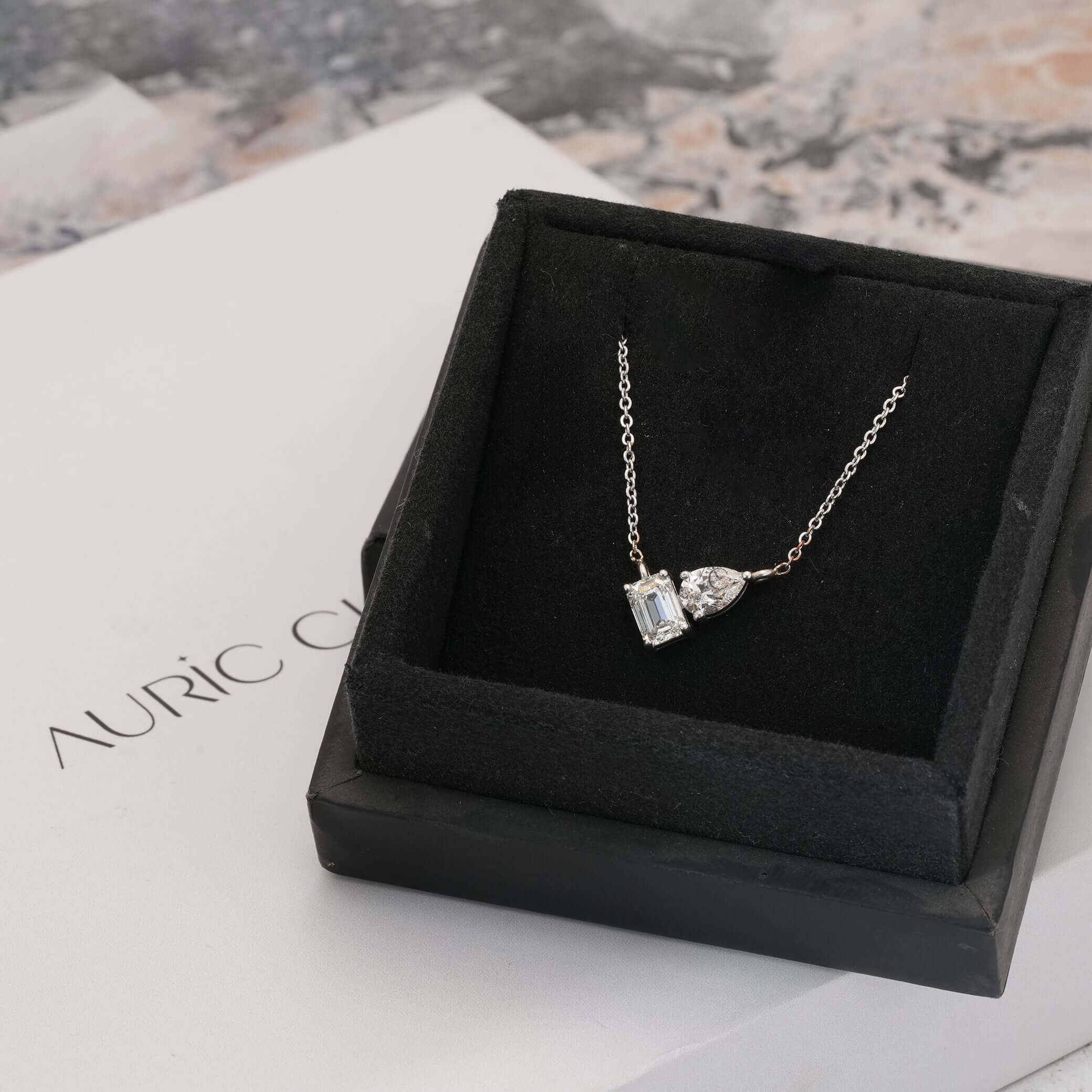 Asymmetric Pear and Emerald Cut Lab Grown Diamond Pendant Necklace