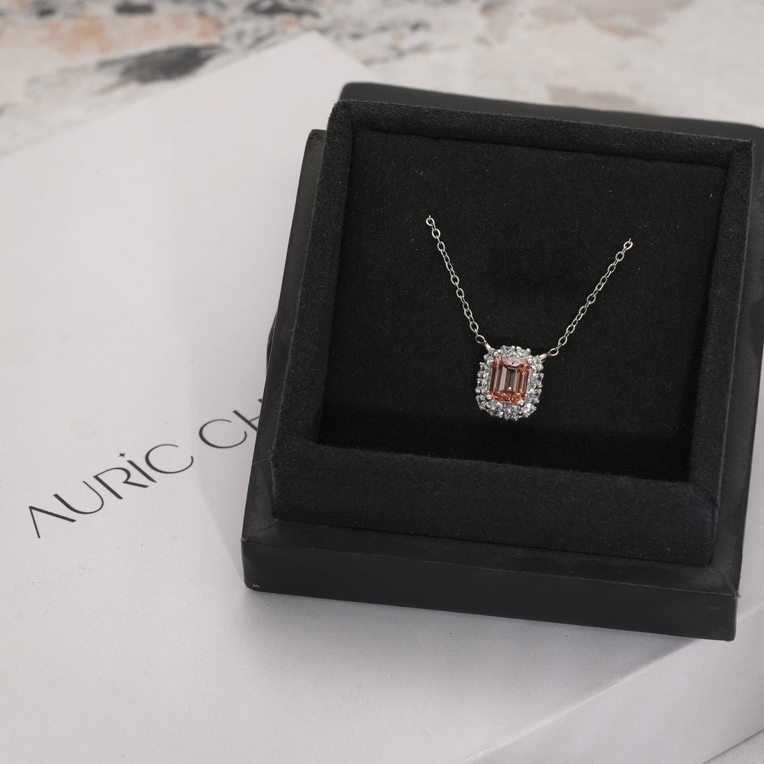 Fancy Pink Emerald Cut Halo Diamond Pendant