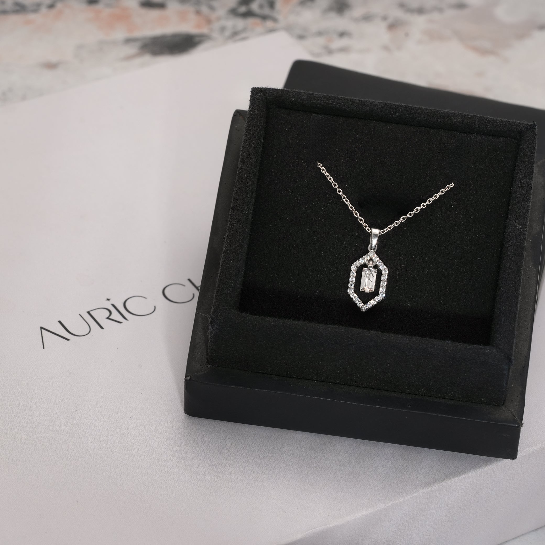 Hexagon Halo Baguette Diamond Pendant