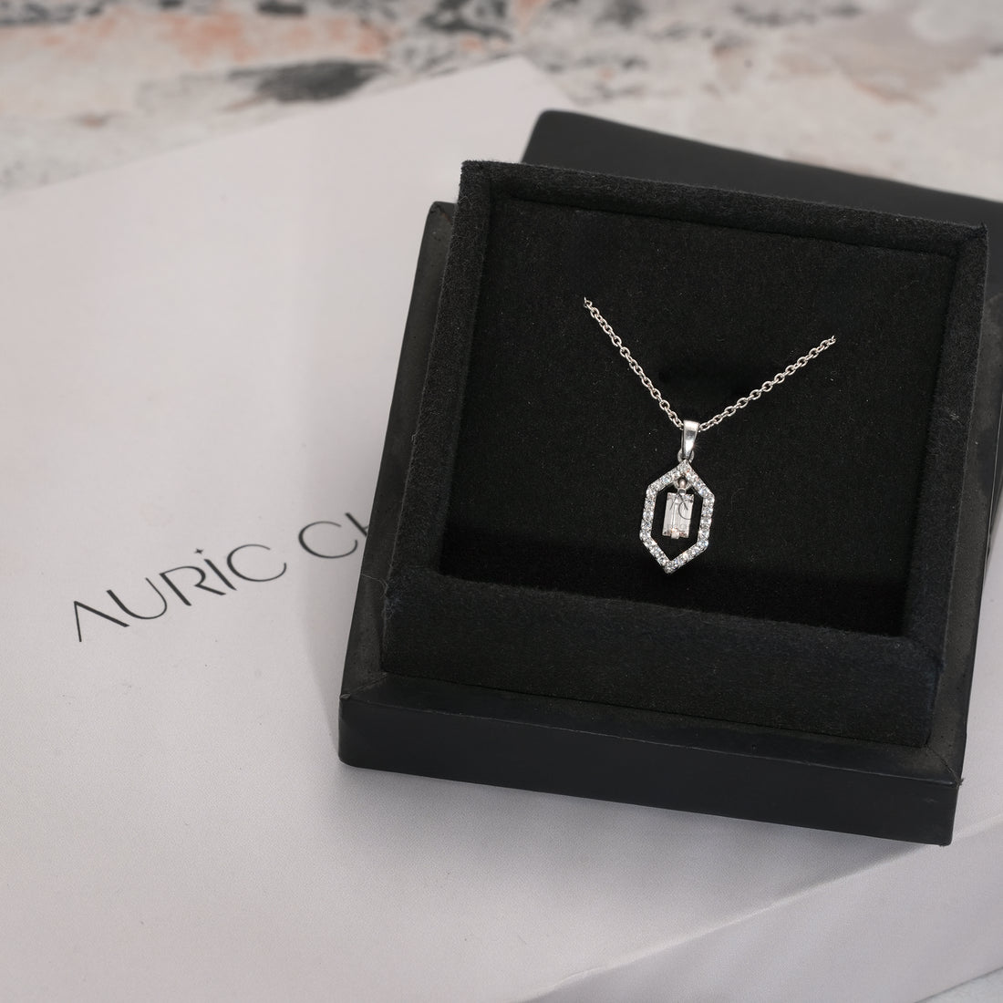 Hexagon Halo Baguette Diamond Pendant