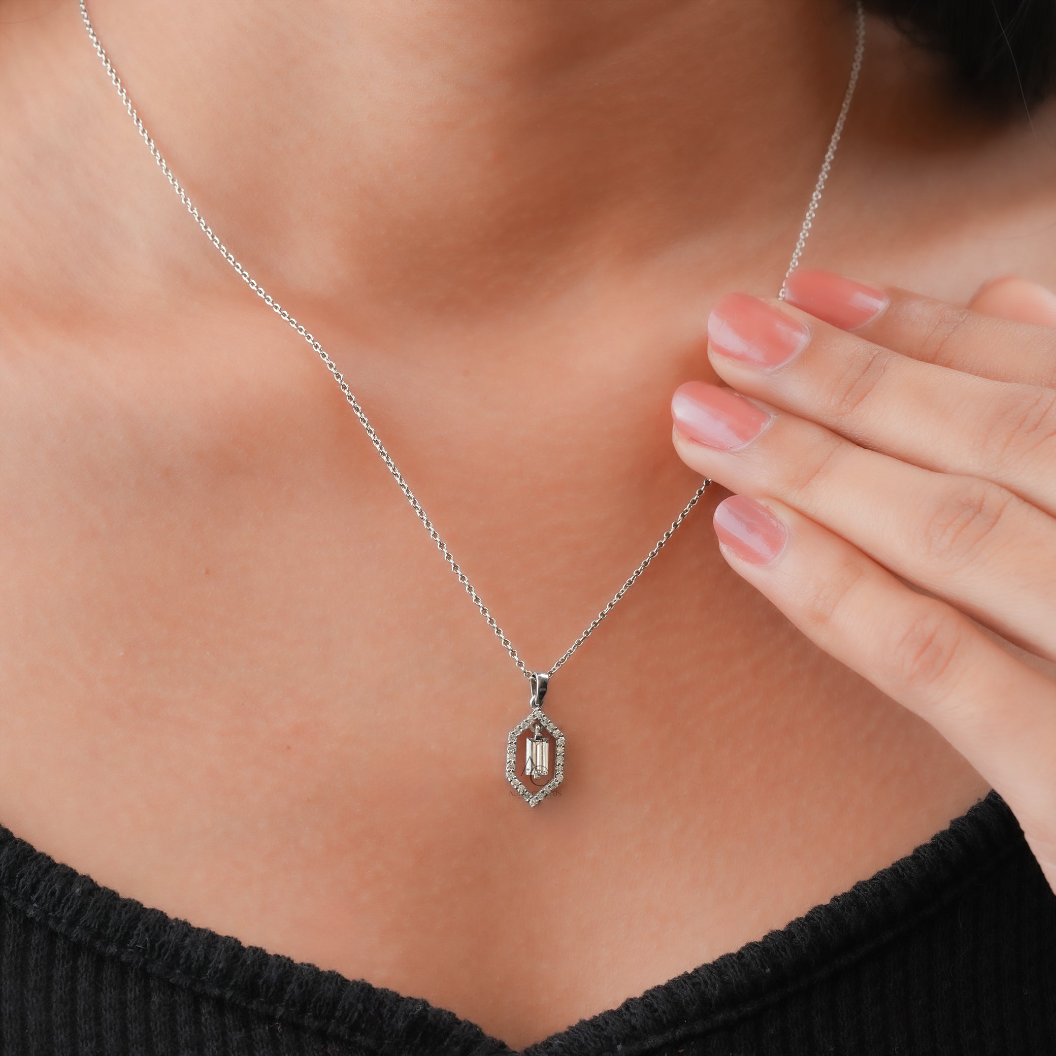 Hexagon Halo Baguette Diamond Pendant