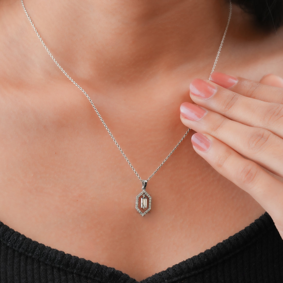 Hexagon Halo Baguette Diamond Pendant
