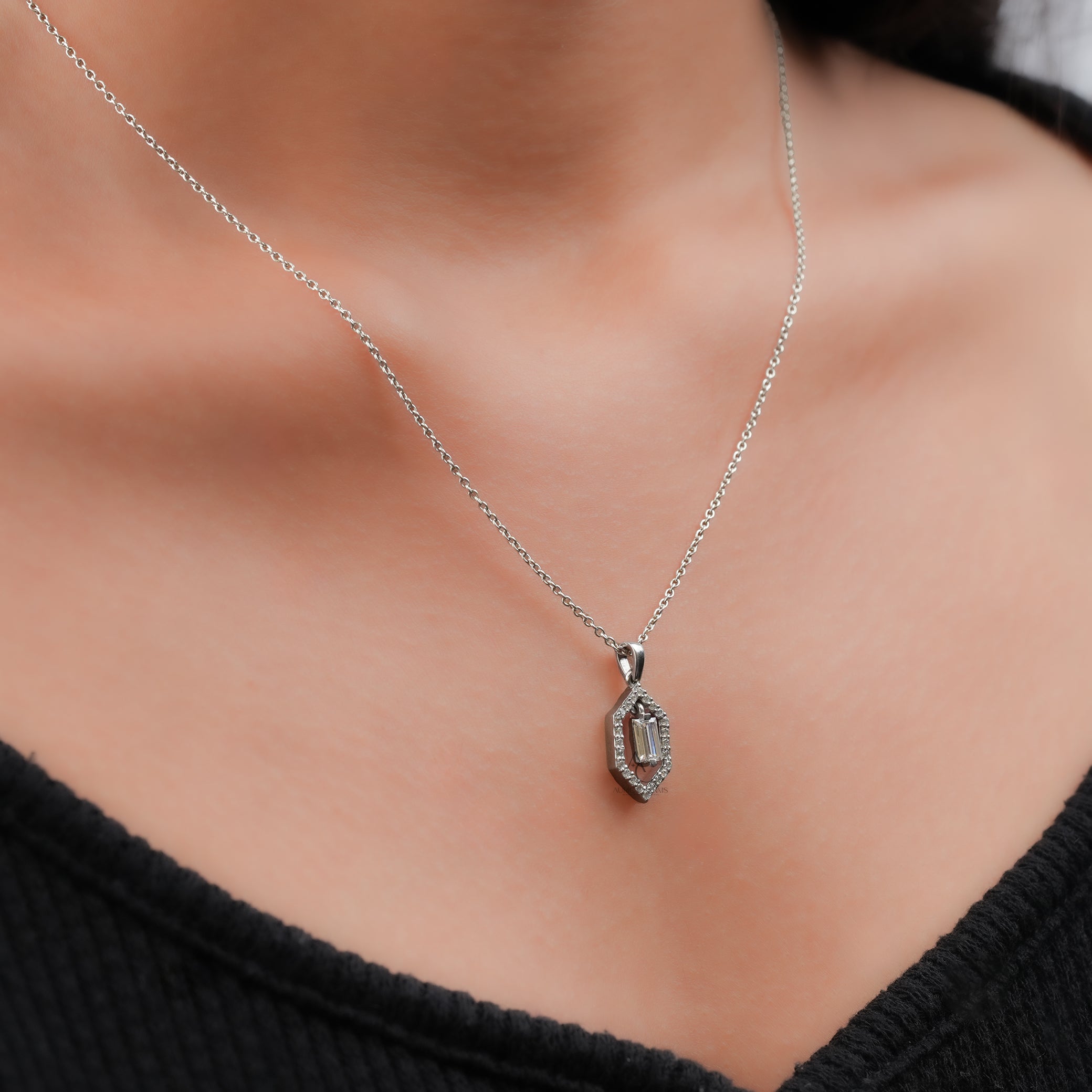 Hexagon Halo Baguette Diamond Pendant