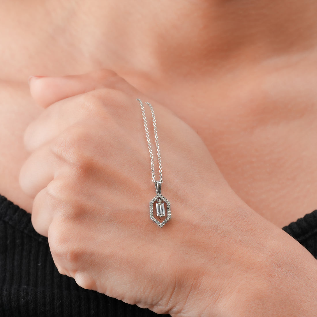 Hexagon Halo Baguette Diamond Pendant
