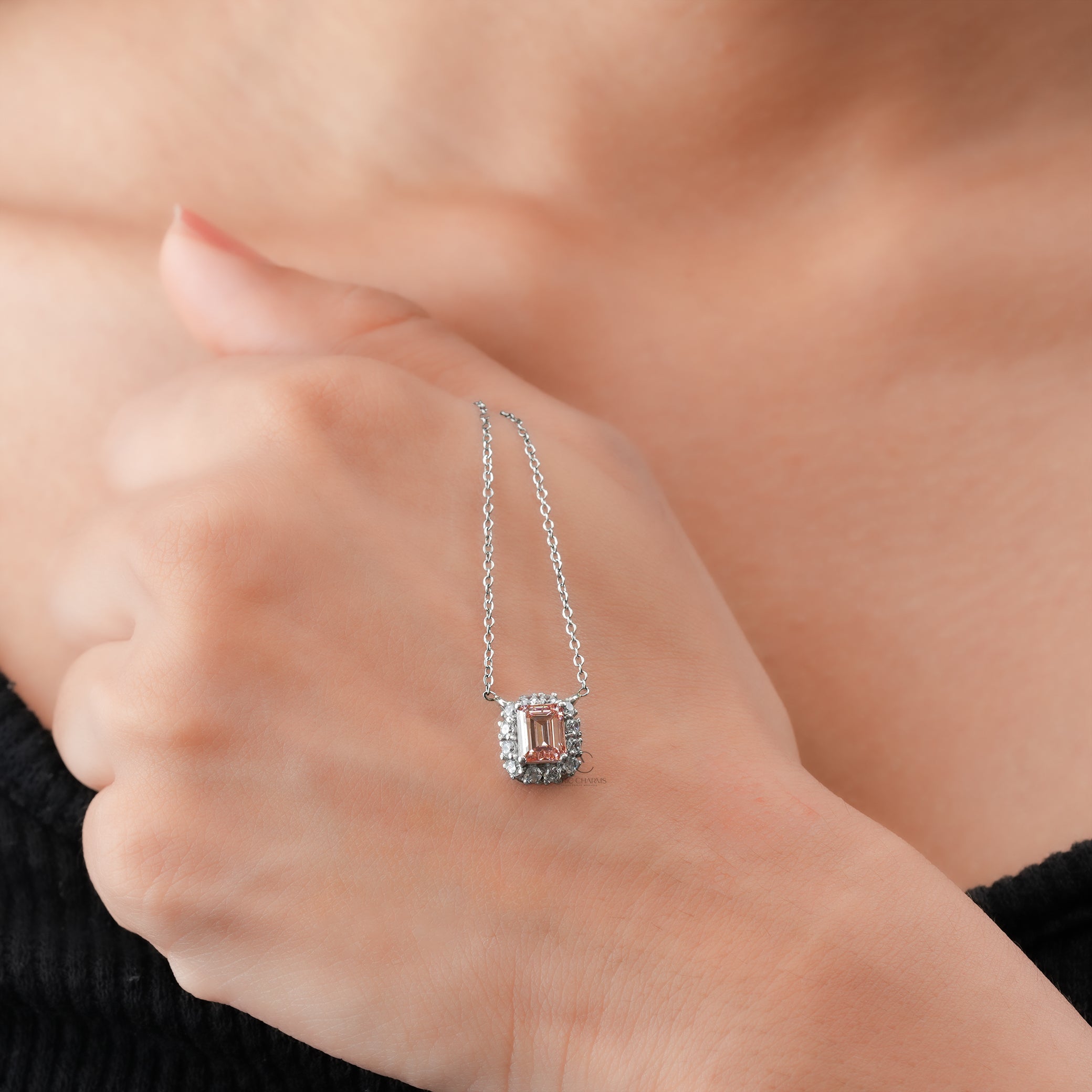 Fancy Pink Emerald Cut Halo Diamond Pendant