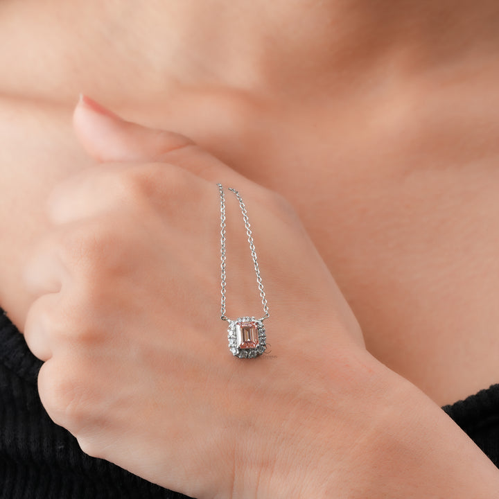 Fancy Pink Emerald Cut Halo Diamond Pendant