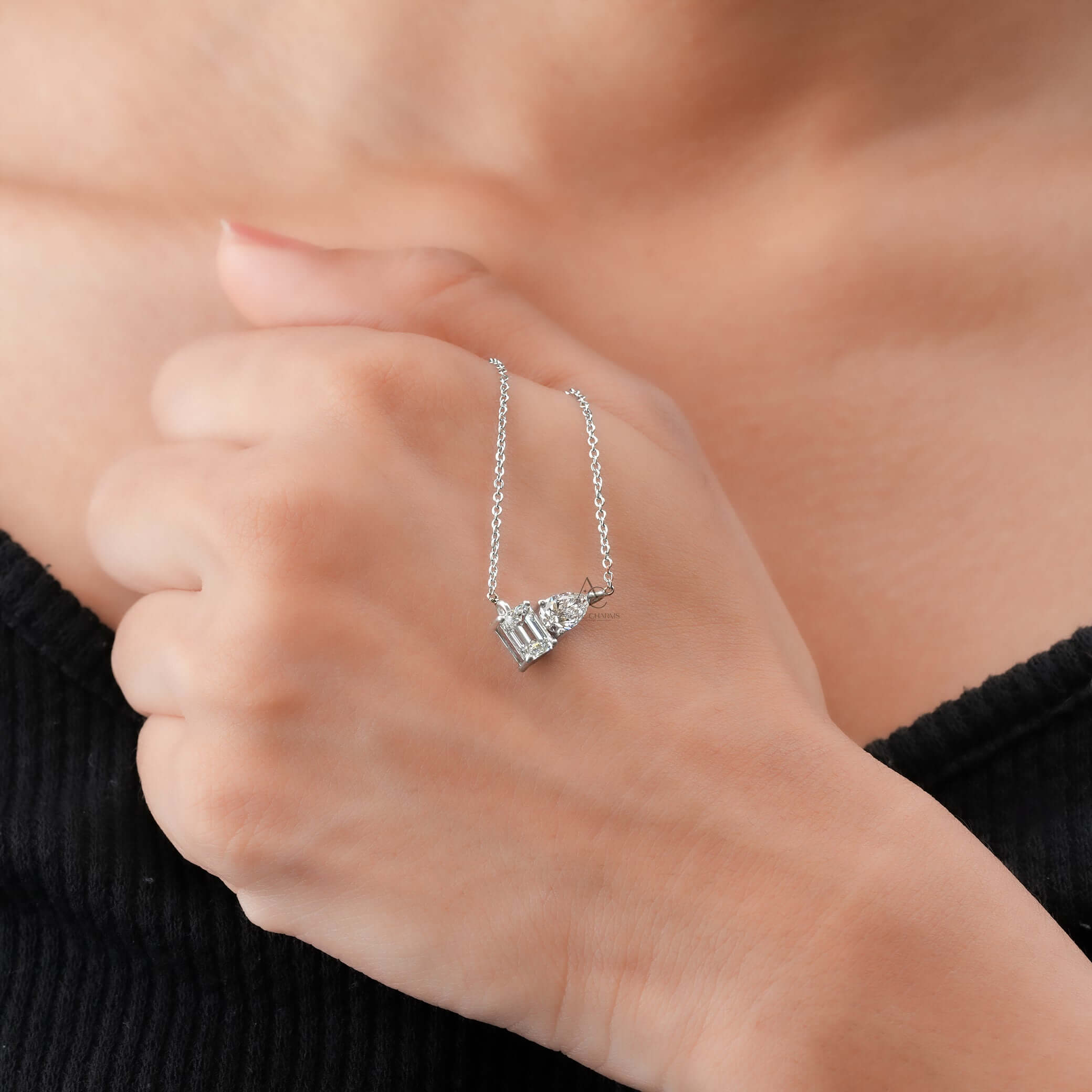 Asymmetric Pear and Emerald Cut Lab Grown Diamond Pendant Necklace