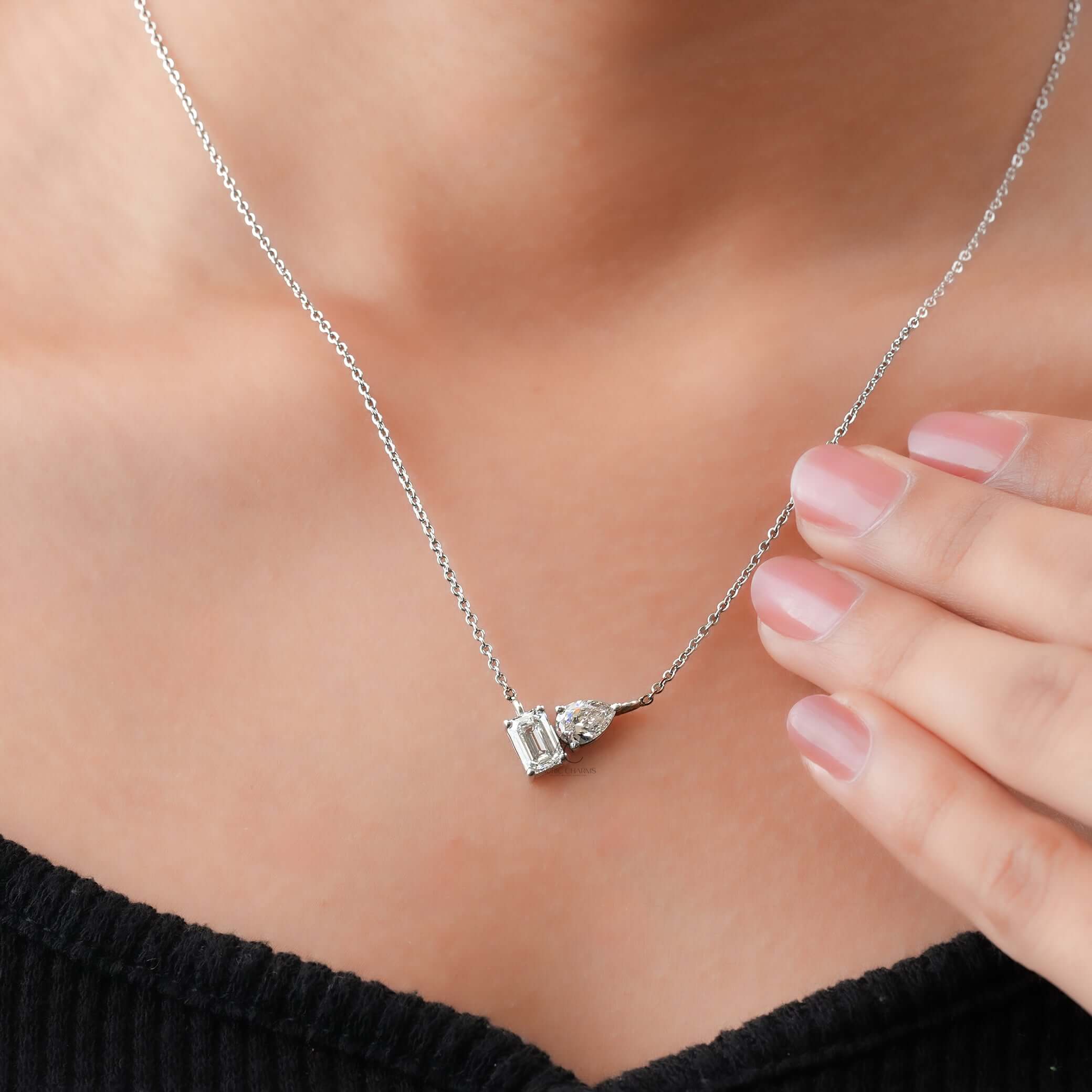 Asymmetric Pear and Emerald Cut Lab Grown Diamond Pendant Necklace