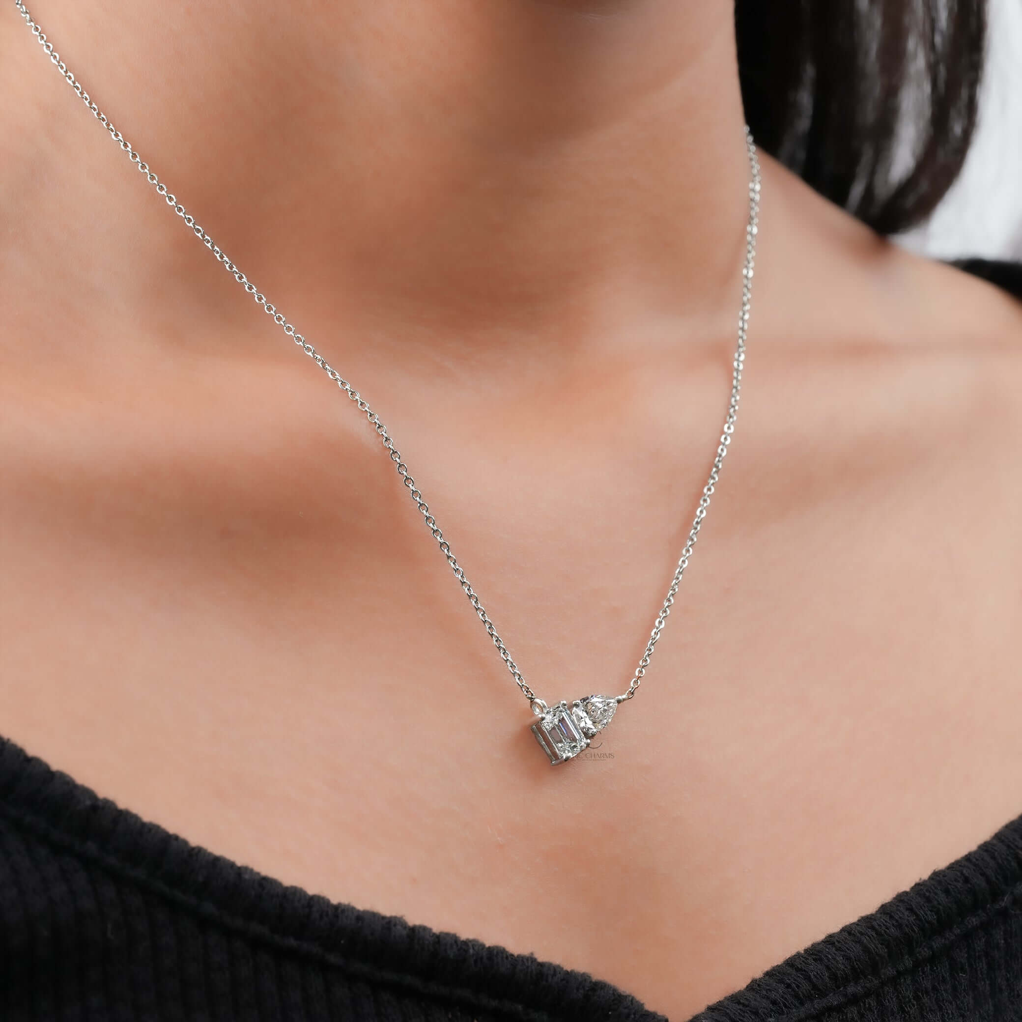 Asymmetric Pear and Emerald Cut Lab Grown Diamond Pendant Necklace