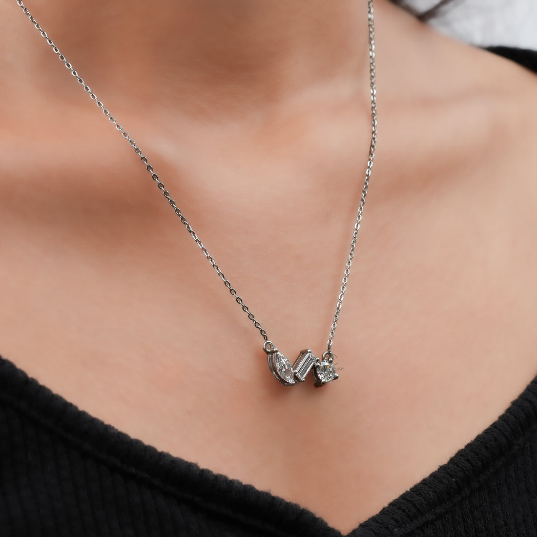 1.50 Ct Round Marquise Baguette Trio Diamond Pendant