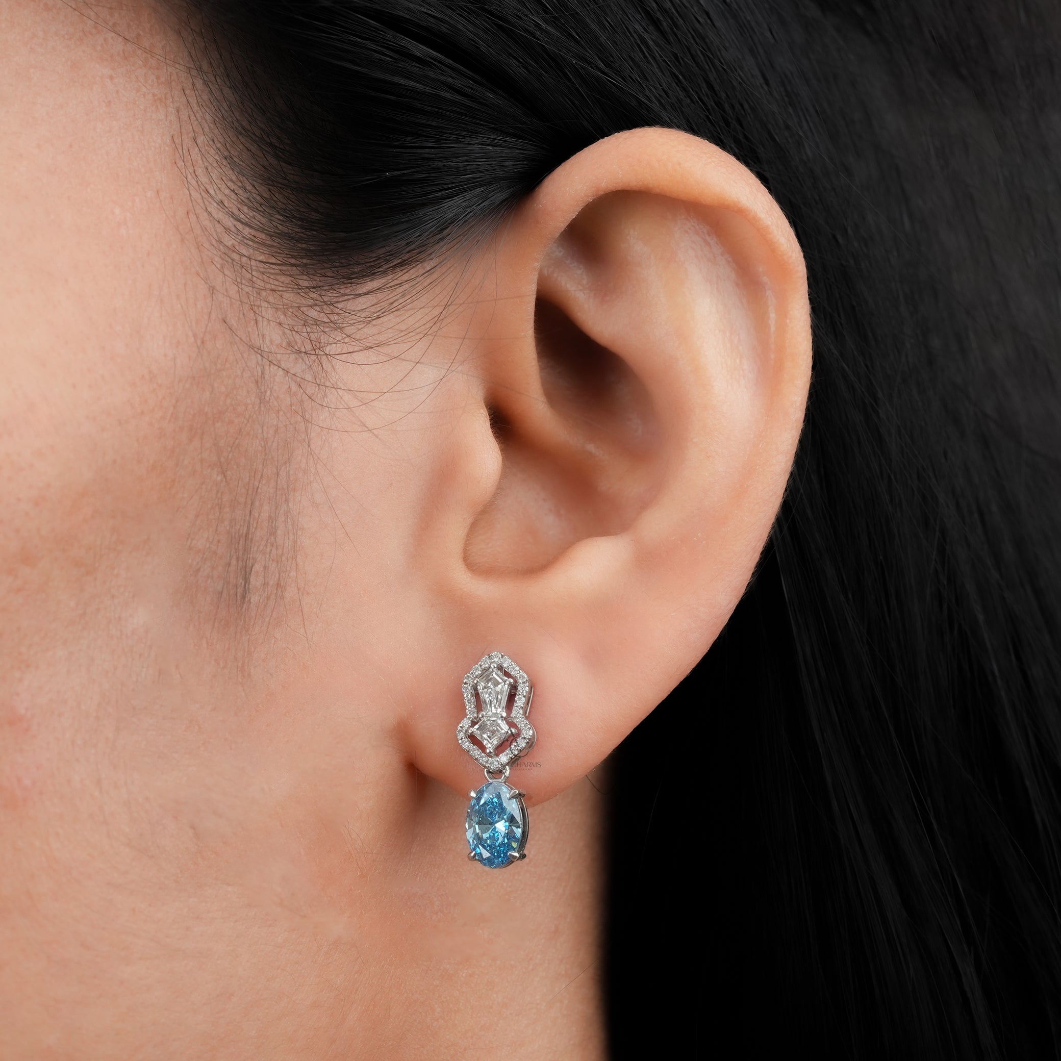 Celestine Blue Oval Drop Earrings – Diamond Dangler Pair