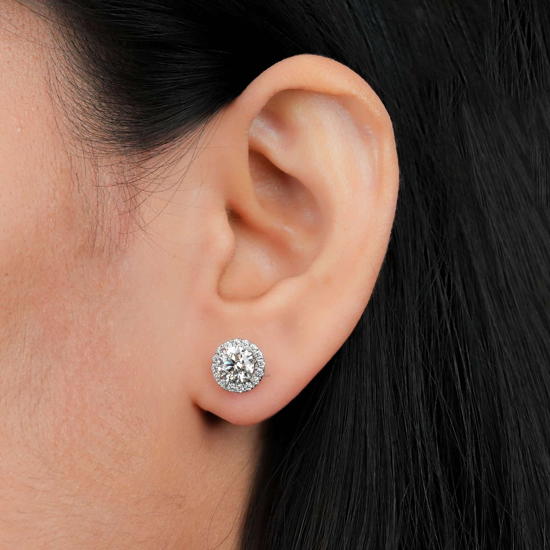 Aristocratic French Halo Brilliant Round Diamond Stud Earrings