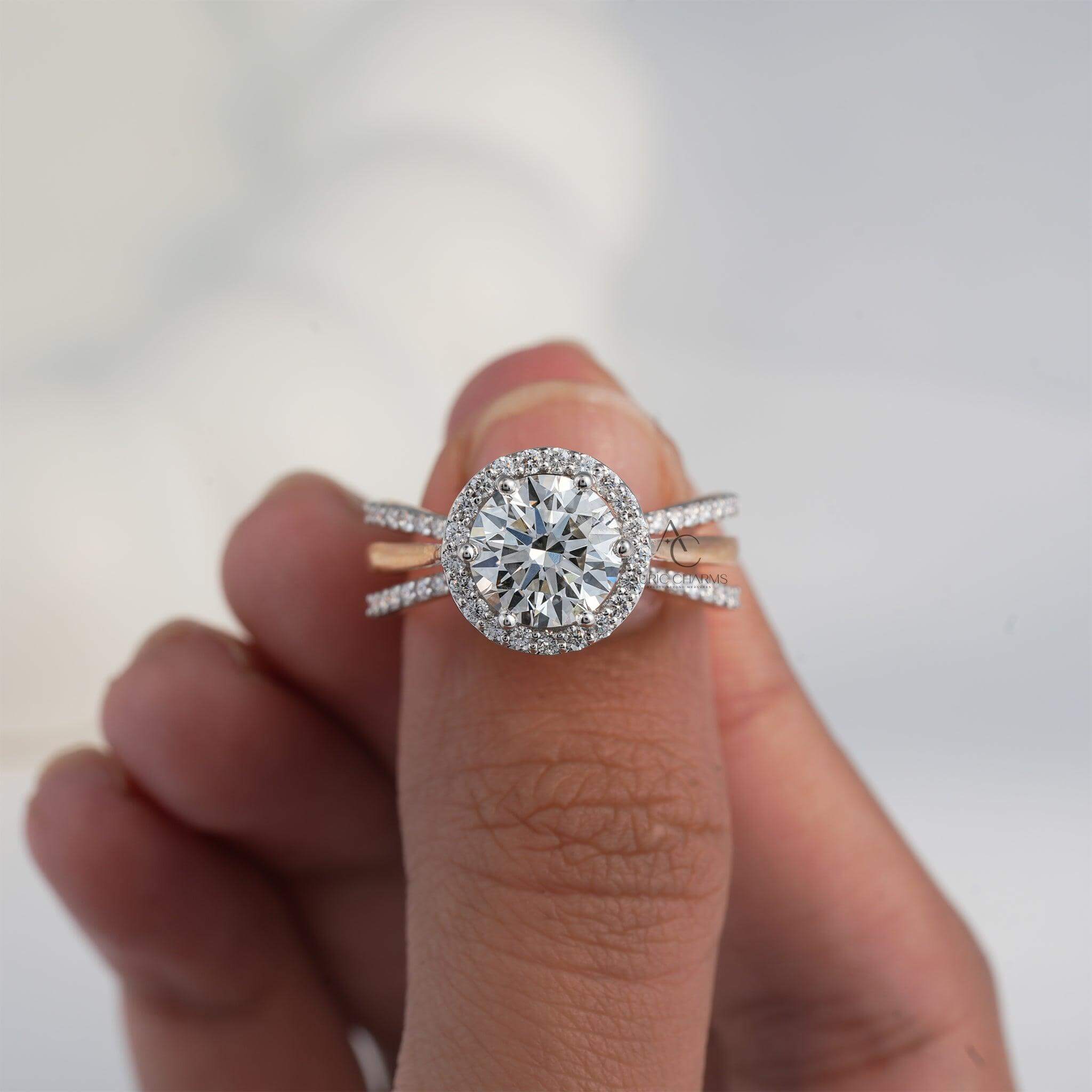 Round halo diamond engagement ring in rose gold held upright, reflecting its luxury shine.
