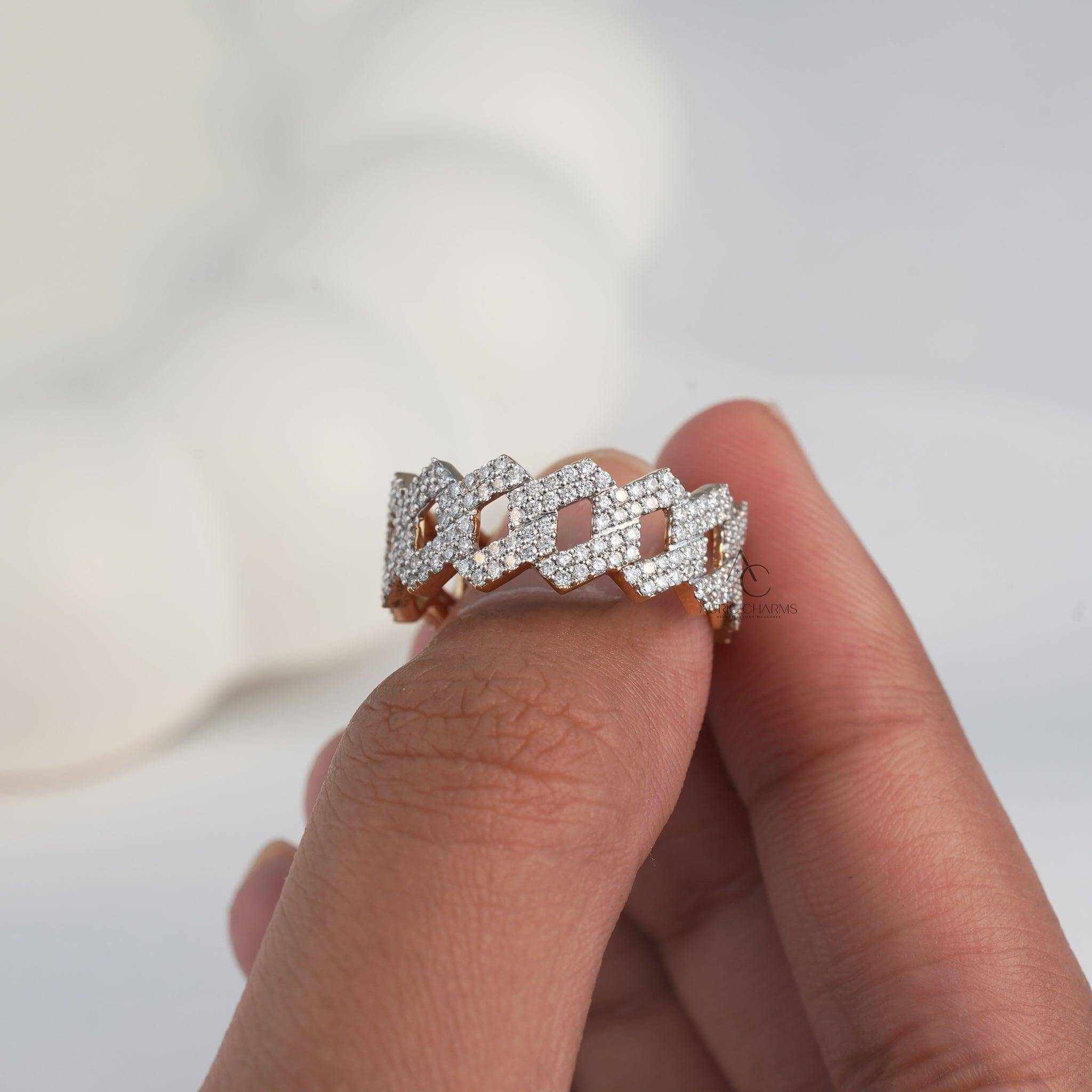 Detailed side view of a diamond zigzag band, emphasizing craftsmanship and sparkle.