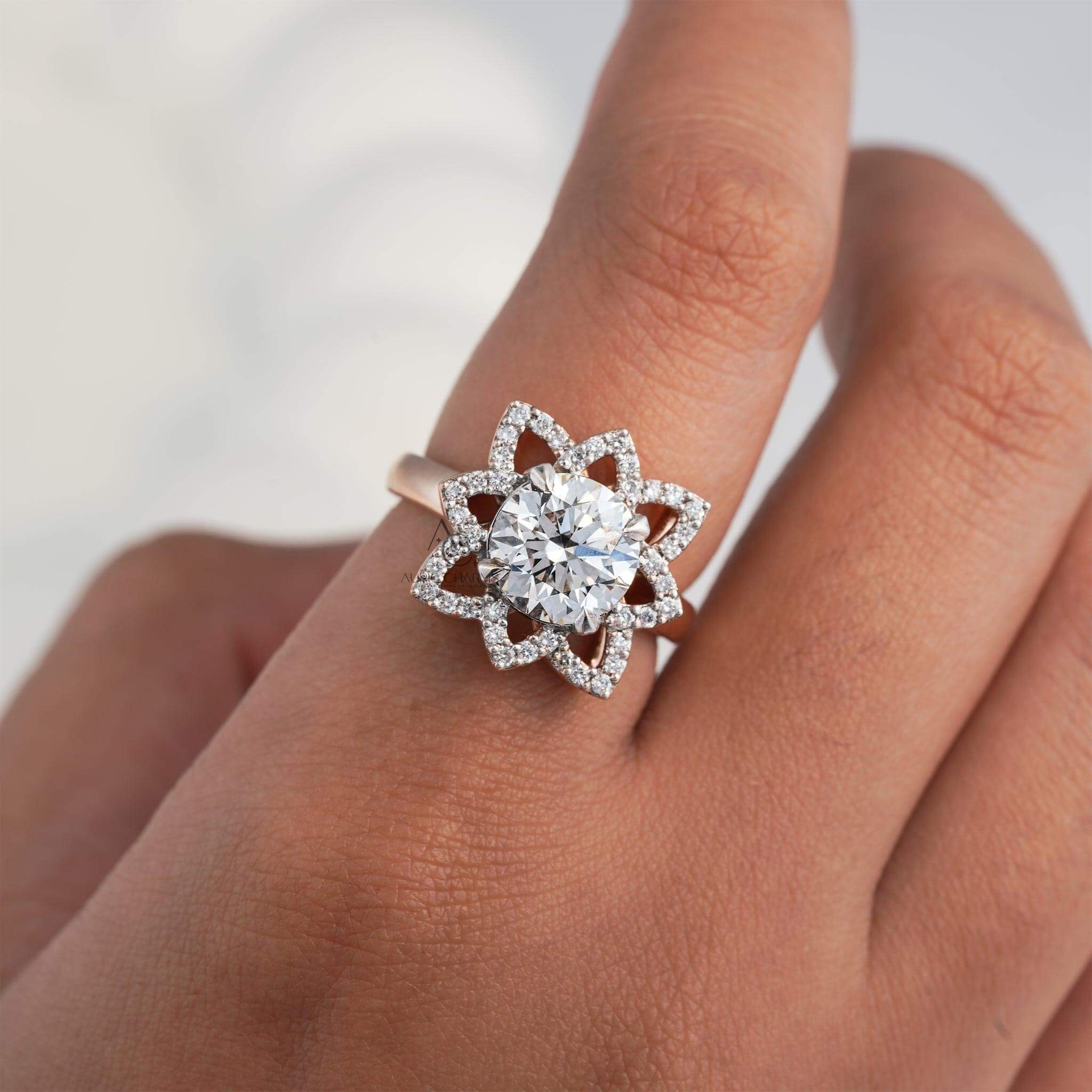 Elegant rose gold diamond ring featuring lab-created diamonds in a floral design