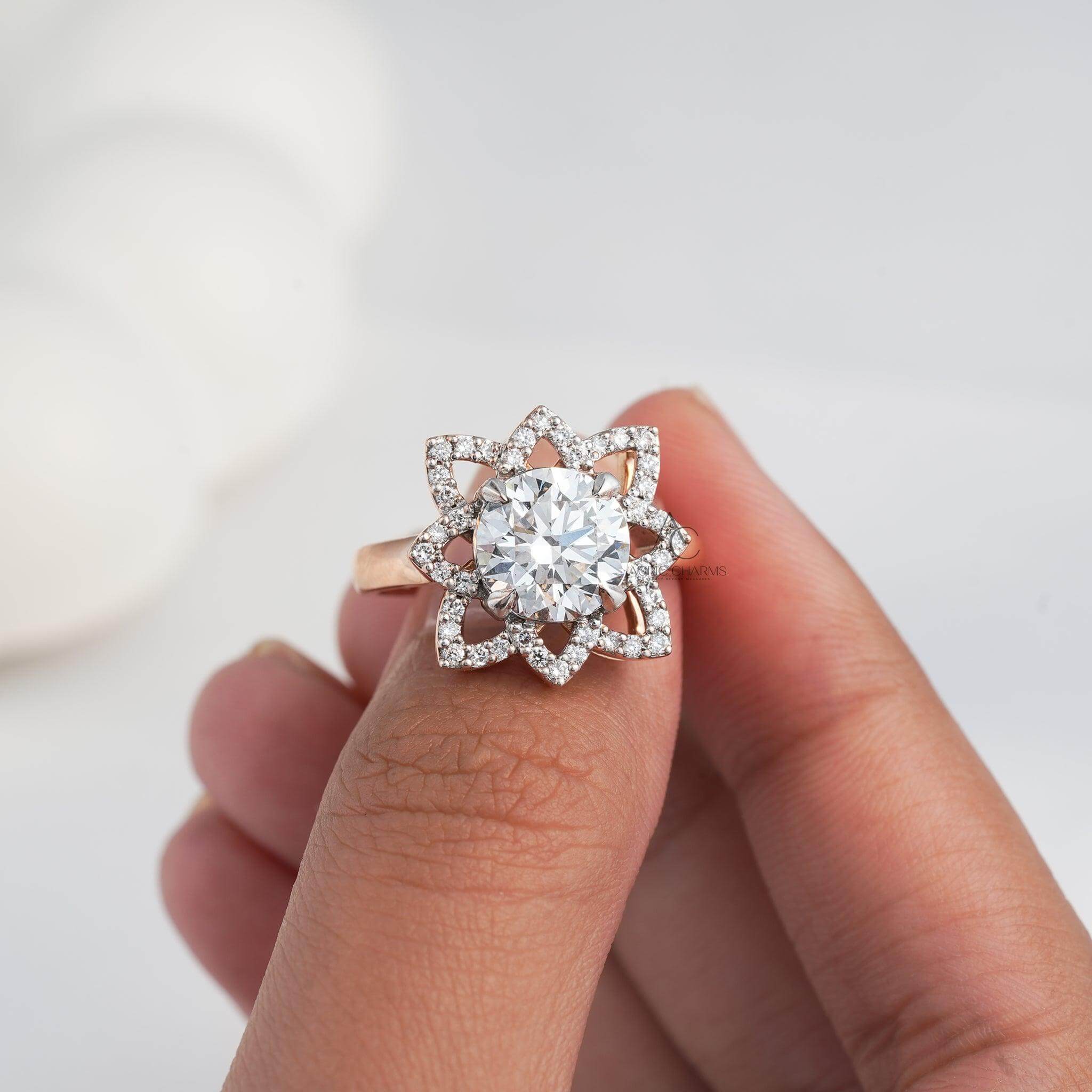 Sophisticated flower design ring in rose gold with lab-grown diamond brilliance.