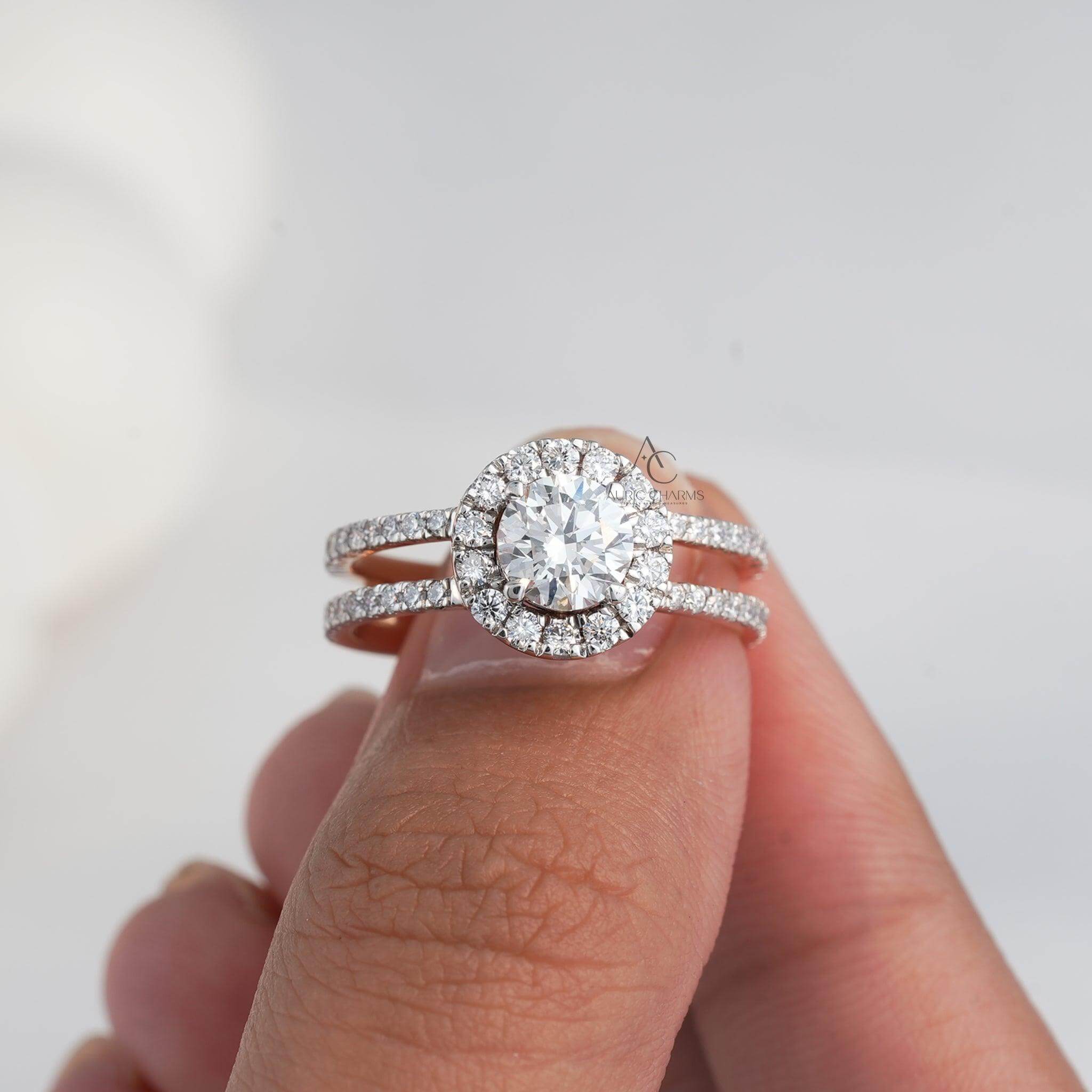 Rose gold diamond ring featuring a double halo of smaller diamonds and a split shank band, displayed in a hand for a detailed view.