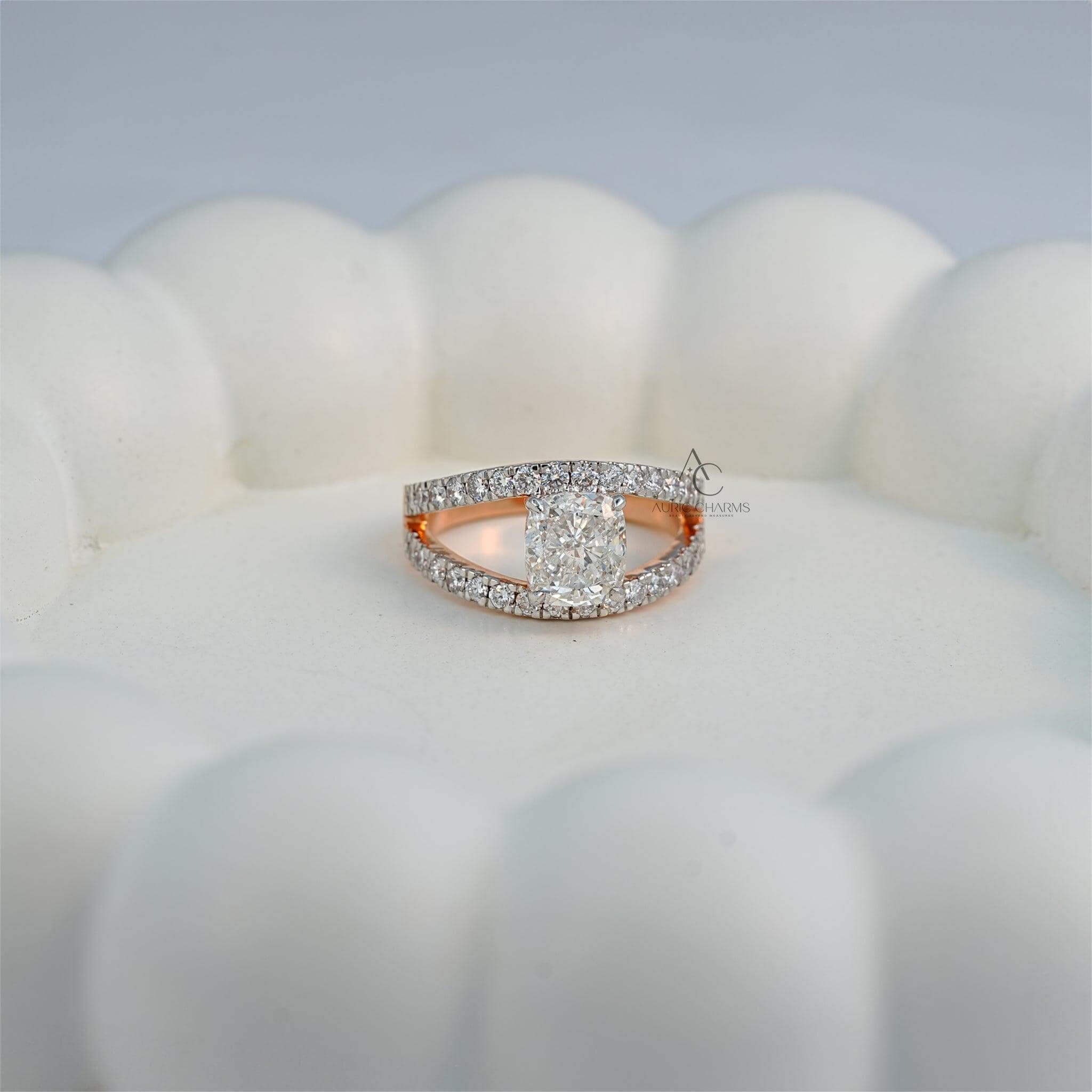 Side angle of a sparkling lab-grown diamond ring on a soft white surface, highlighting intricate craftsmanship.