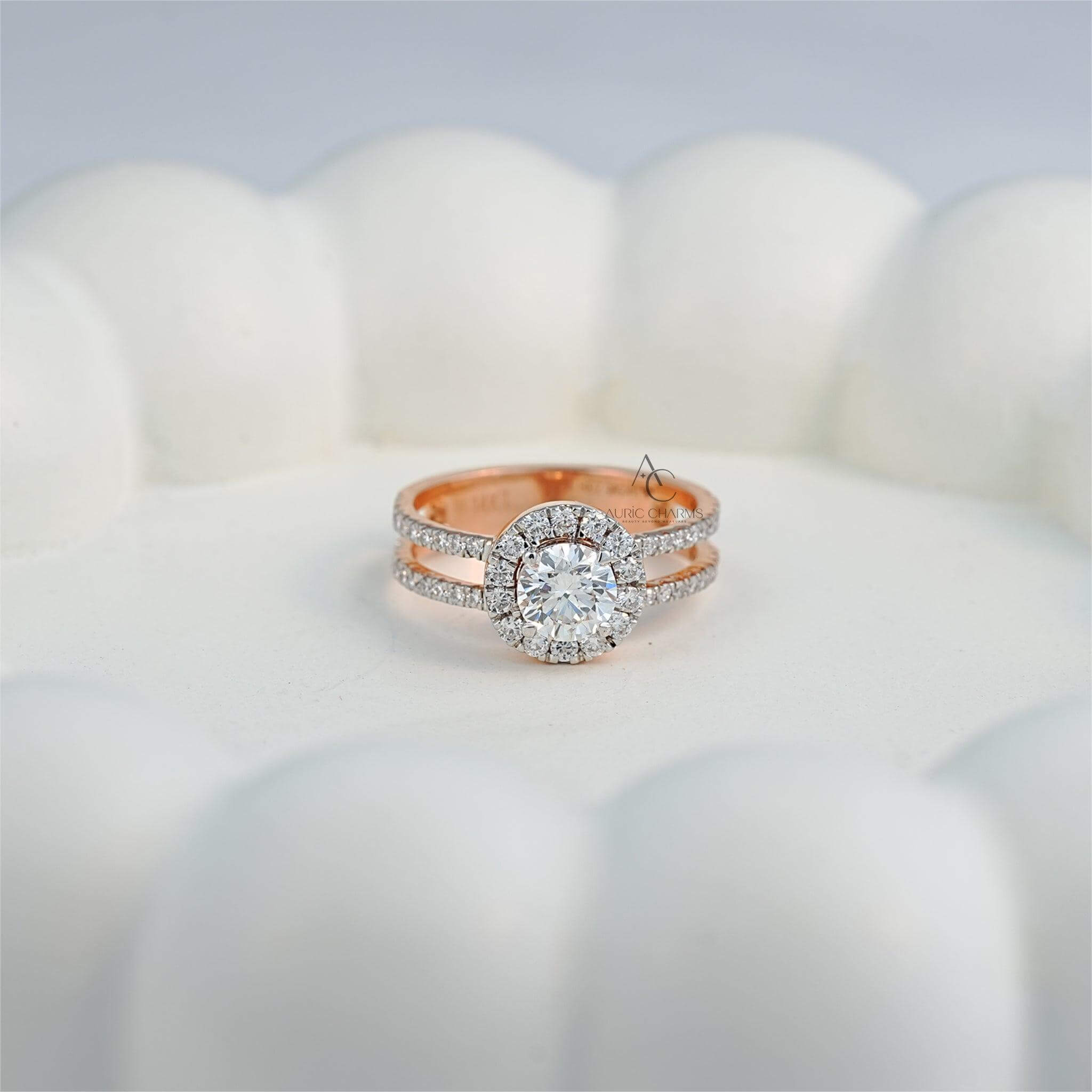 Sophisticated rose gold diamond ring with a round center stone, double halo, and pavé-set diamond band, displayed on a white dish
