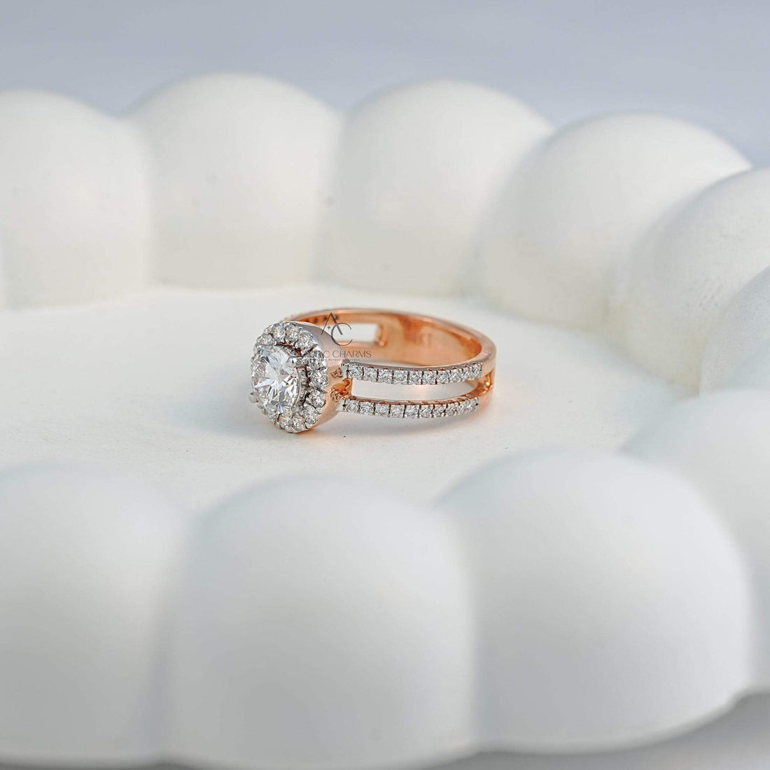 Side profile of a rose gold diamond ring with a double halo and a split shank, emphasizing its brilliant craftsmanship.