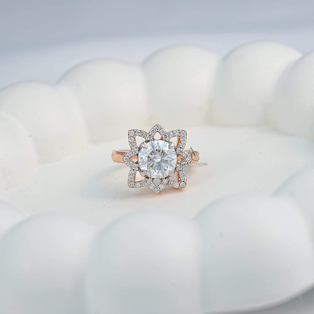 Halo-style lab-grown diamond floral ring in rose gold, perfect for luxury occasions.