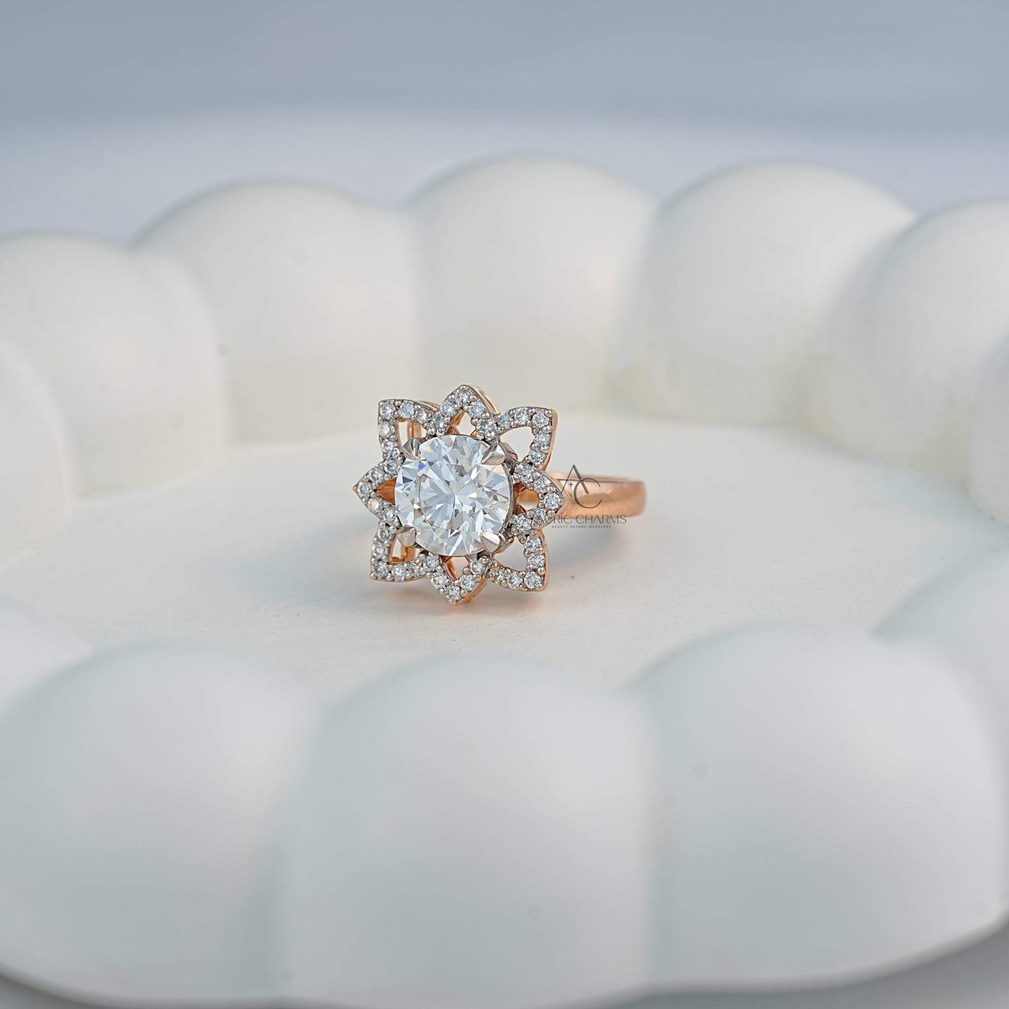 Stunning floral-inspired ring in rose gold with lab-created diamond accents and center.